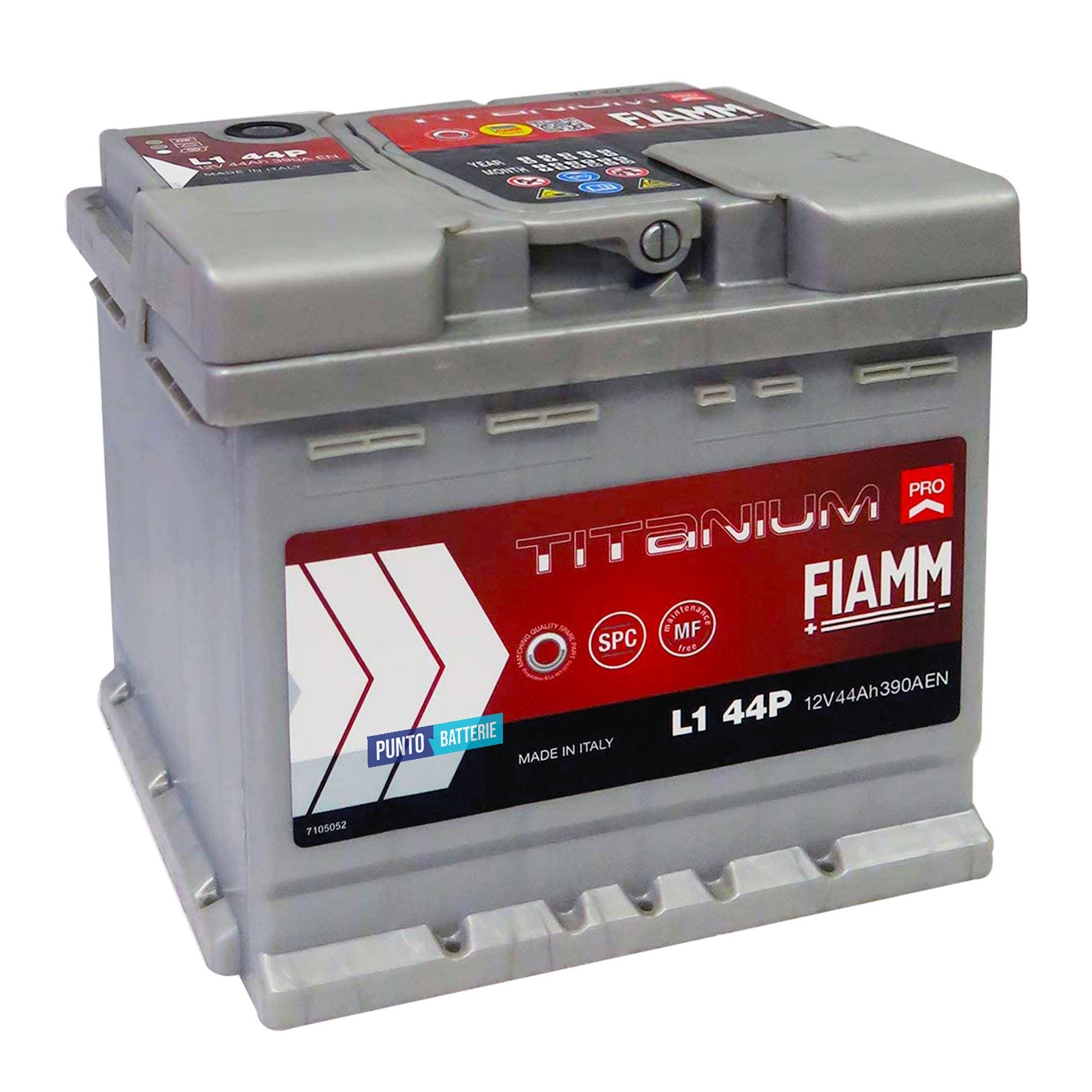 Batteria originale Fiamm Titanium PRO L1 44P, dimensioni 207 x 175 x 190, polo positivo a destra, 12 volt, 44 amperora, 390 ampere. Batteria per auto e veicoli leggeri.