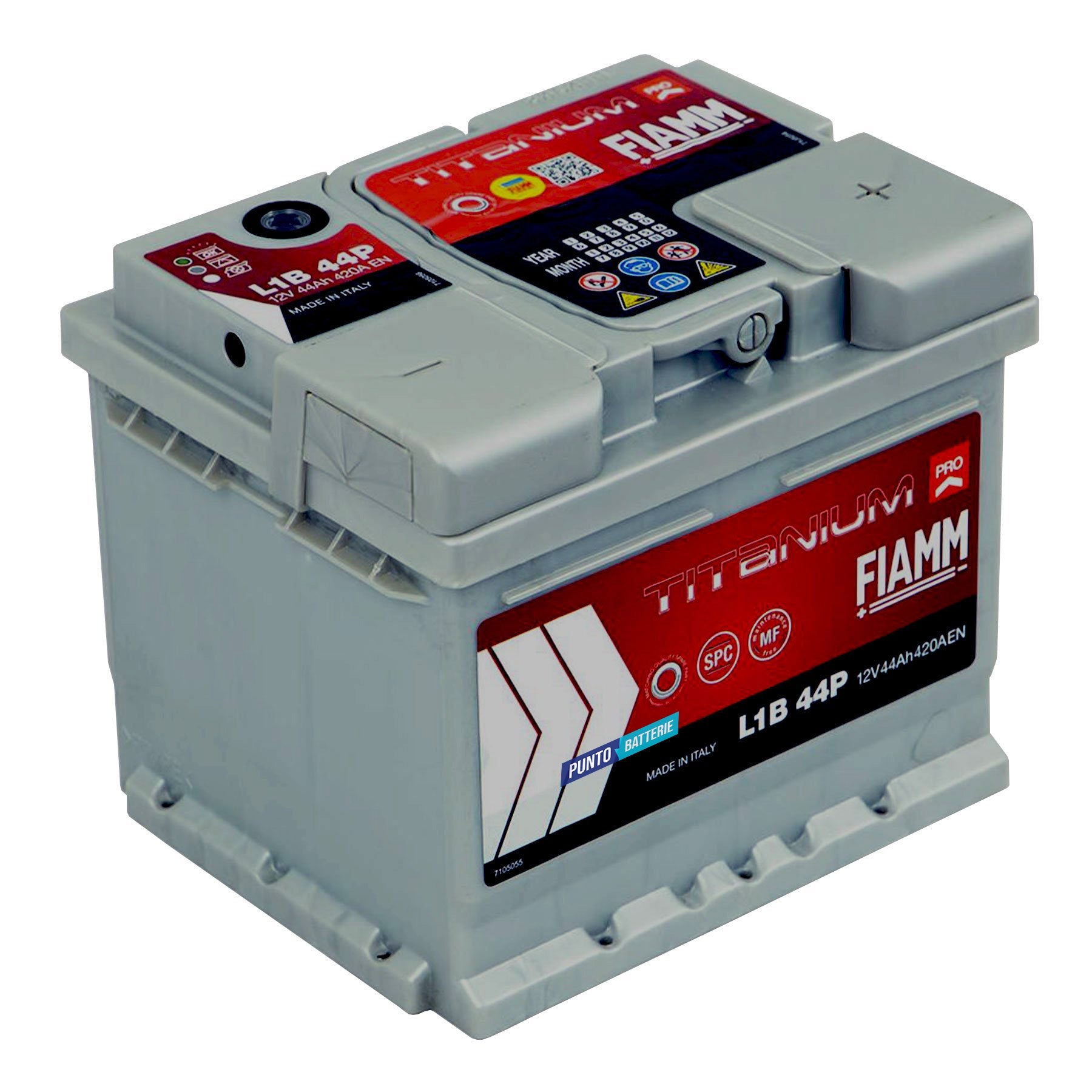 Batteria originale Fiamm Titanium PRO L1B 44P, dimensioni 207 x 175 x 175, polo positivo a destra, 12 volt, 44 amperora, 420 ampere. Batteria per auto e veicoli leggeri.