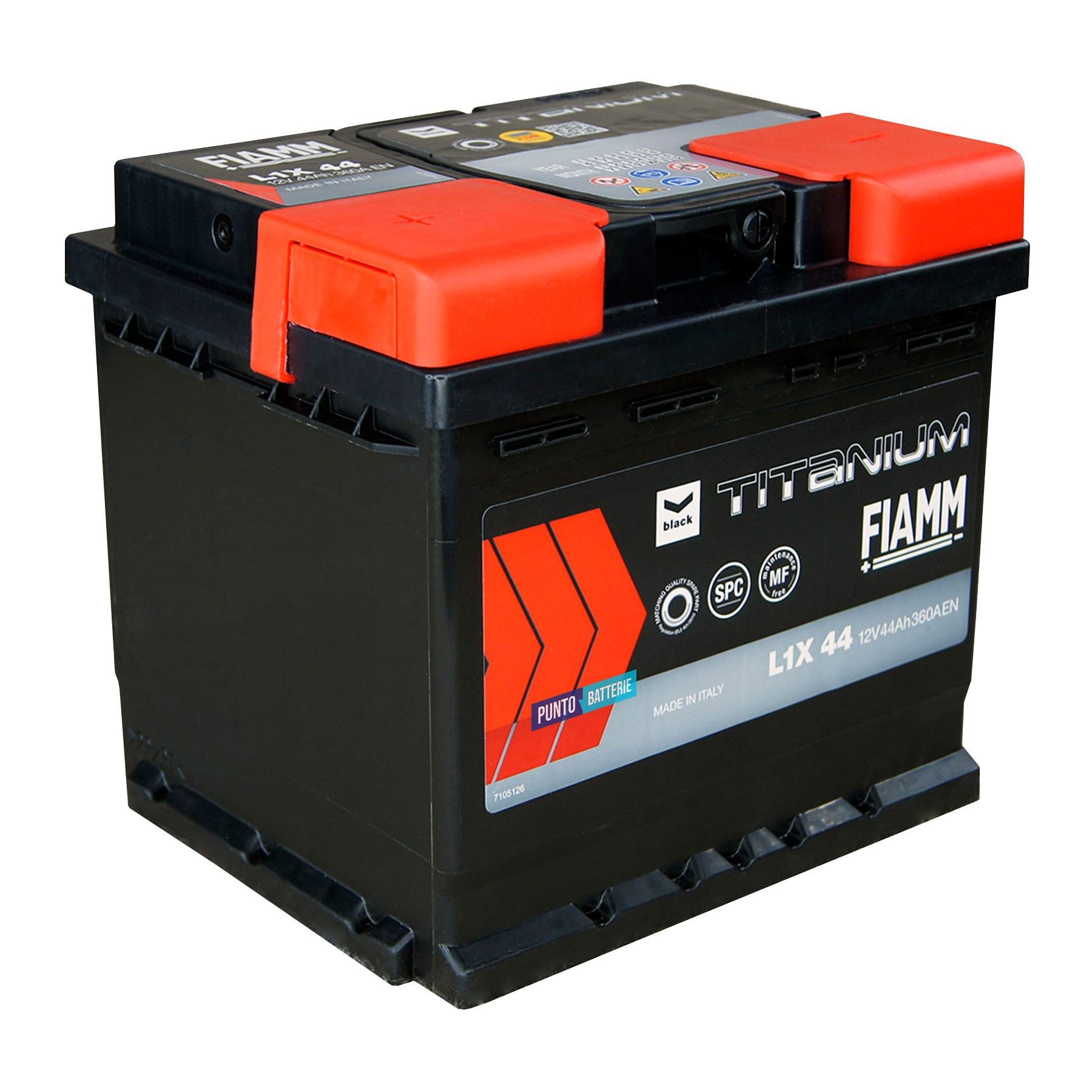 Batteria originale Fiamm Black Titanium L1X 44, dimensioni 207 x 175 x 190, polo positivo a sinistra, 12 volt, 44 amperora, 360 ampere. Batteria per auto e veicoli leggeri.