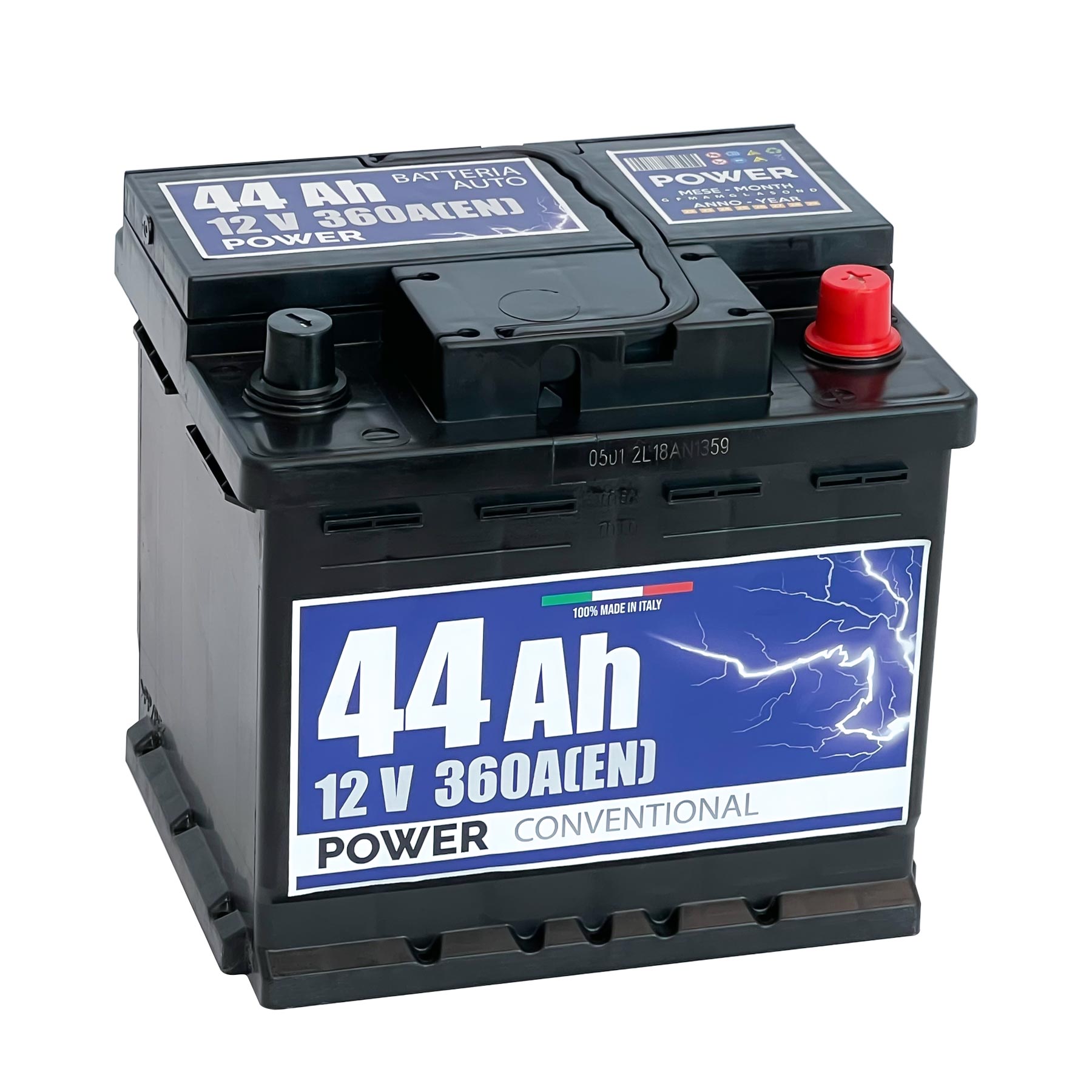 Batteria originale Power Conventional PB440, dimensioni 207 x 175 x 190, polo positivo a destra, 12 volt, 44 amperora, 360 ampere. Batteria per auto e veicoli leggeri.