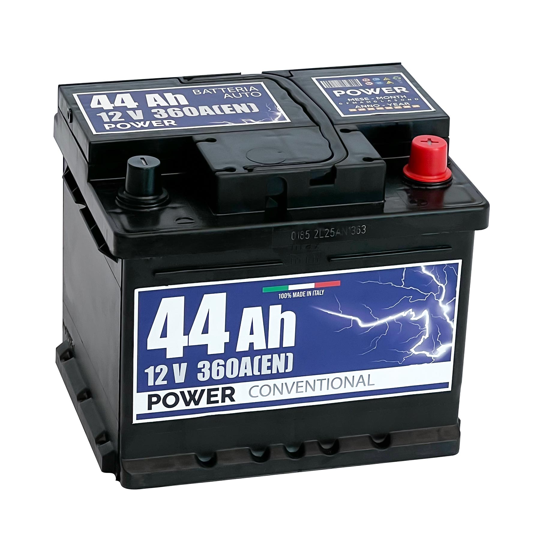Batteria originale Power Conventional PB442, dimensioni 207 x 175 x 175, polo positivo a destra, 12 volt, 44 amperora, 360 ampere. Batteria per auto e veicoli leggeri.