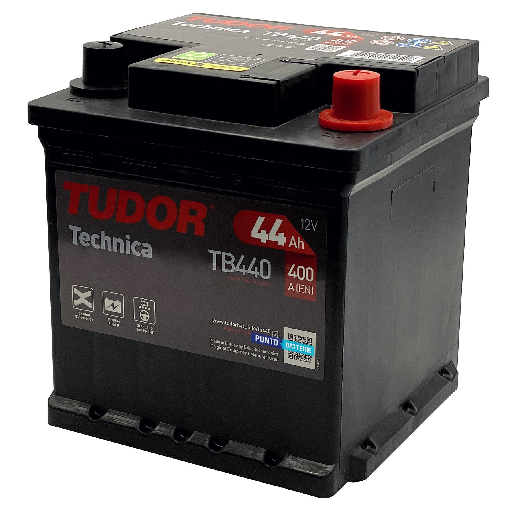 Batteria originale Tudor Technica TB440, dimensioni 175 x 175 x 190, polo positivo a destra, 12 volt, 44 amperora, 400 ampere. Batteria per auto e veicoli leggeri.