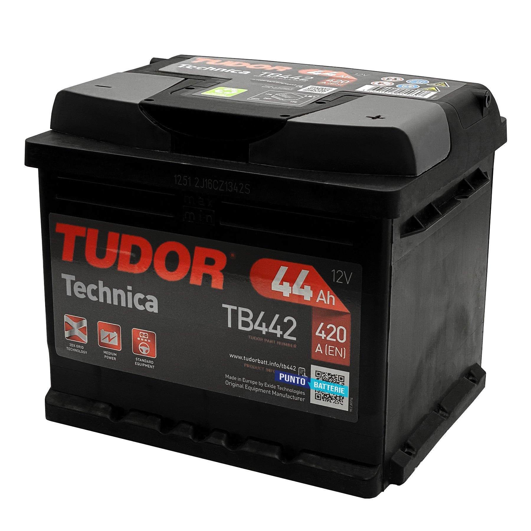 Batteria originale Tudor Technica TB442, dimensioni 207 x 175 x 175, polo positivo a destra, 12 volt, 44 amperora, 420 ampere. Batteria per auto e veicoli leggeri.