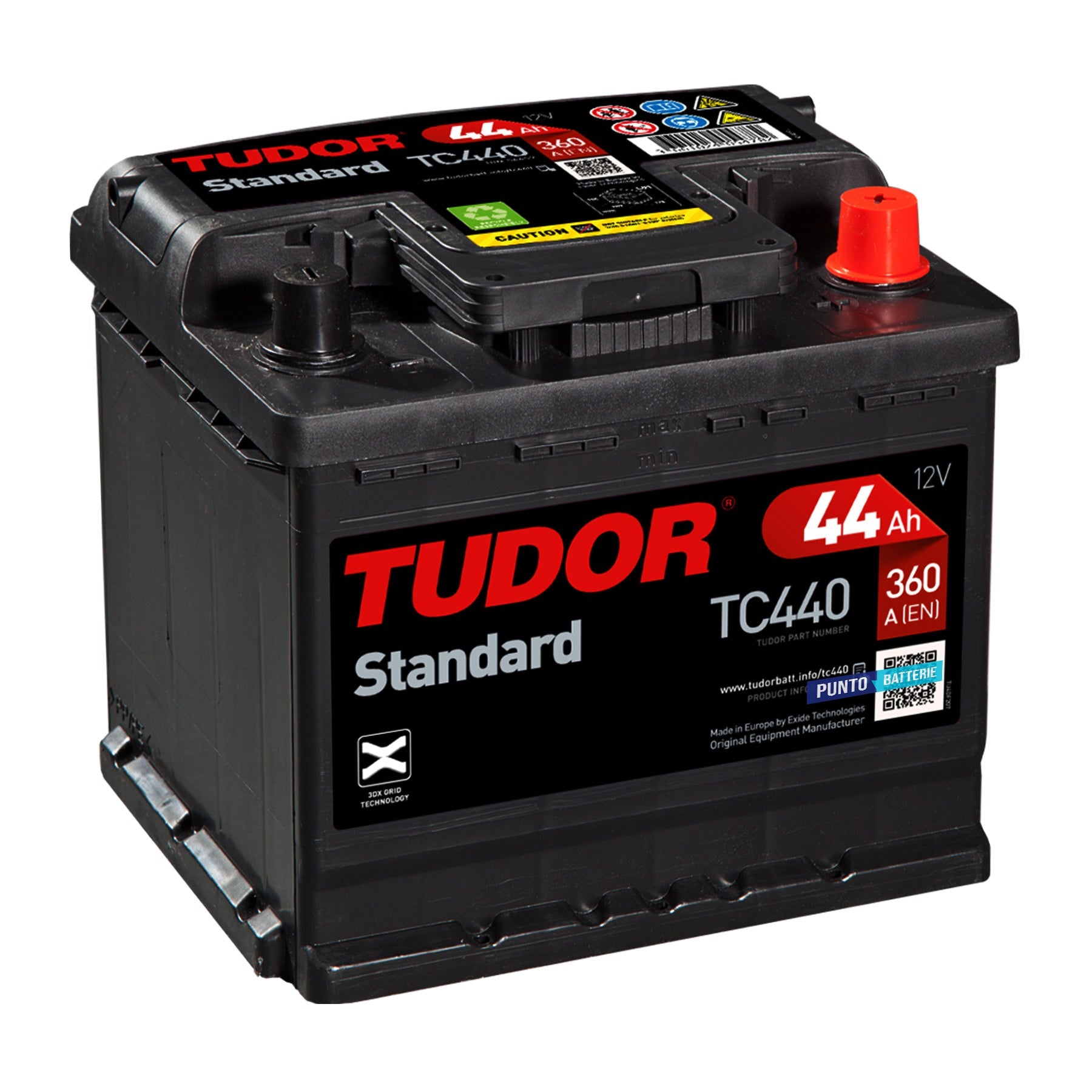 Batteria originale Tudor Standard TC440, dimensioni 207 x 175 x 190, polo positivo a destra, 12 volt, 44 amperora, 360 ampere. Batteria per auto e veicoli leggeri.
