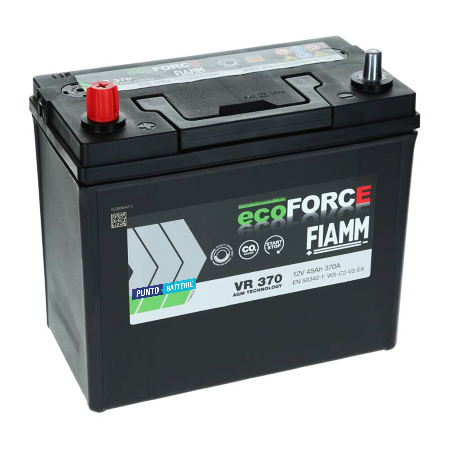 Batteria originale Fiamm EcoFORCE AGM VR 370, dimensioni 236 x 127 x 224, polo positivo a sinistra, 12 volt, 45 amperora, 370 ampere, AGM. Batteria per auto e veicoli leggeri con start e stop.