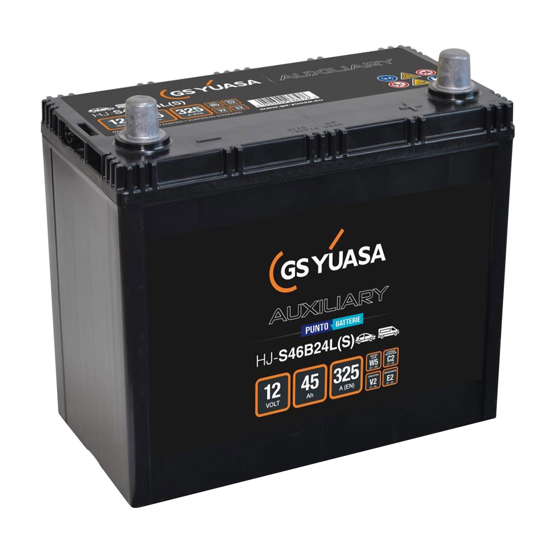 Batteria originale Yuasa Ausiliarie e Backup HJ-S46B24L (S), dimensioni 238 x 126 x 227, polo positivo a destra, 12 volt, 45 amperora, 325 ampere, AGM. Batteria ausiliaria per auto e veicoli leggeri con start e stop.