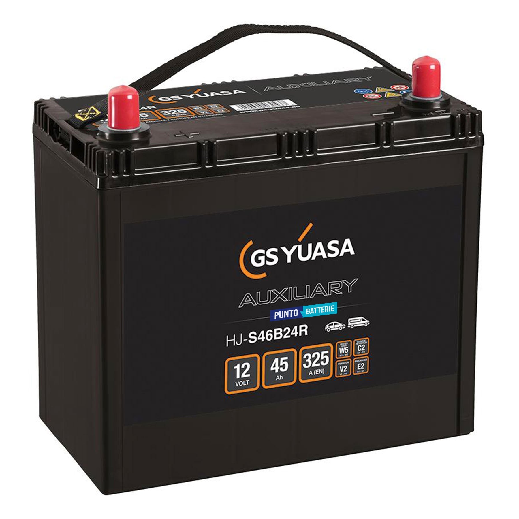 Batteria originale Yuasa Ausiliarie e Backup HJ-S46B24R, dimensioni 238 x 129 x 227, polo positivo a sinistra, 12 volt, 45 amperora, 325 ampere, AGM. Batteria ausiliaria per auto e veicoli leggeri con start e stop.