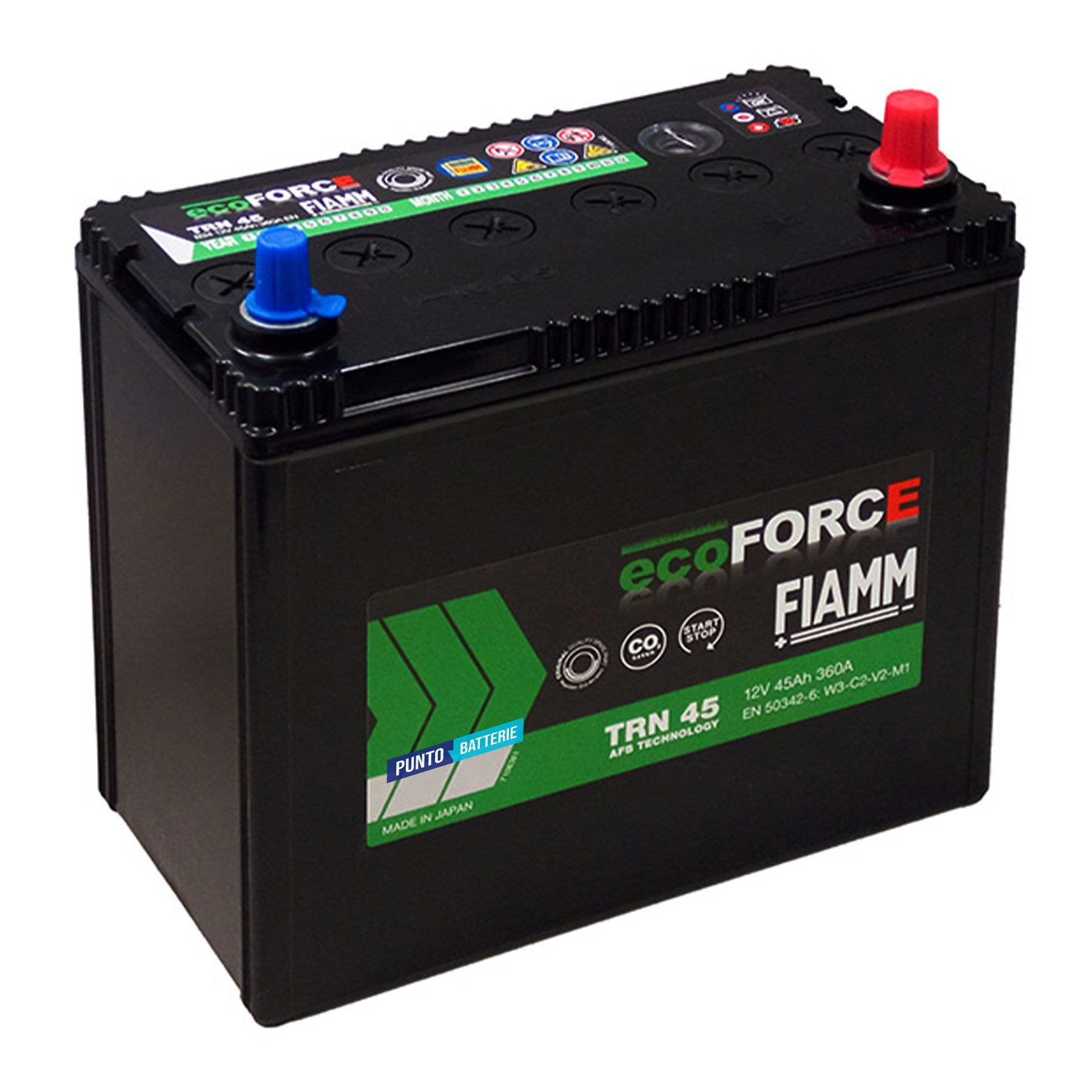 Batteria originale Fiamm EcoFORCE AFB TRN 45, dimensioni 238 x 129 x 227, polo positivo a destra, 12 volt, 45 amperora, 360 ampere, EFB. Batteria per auto e veicoli leggeri con start e stop.