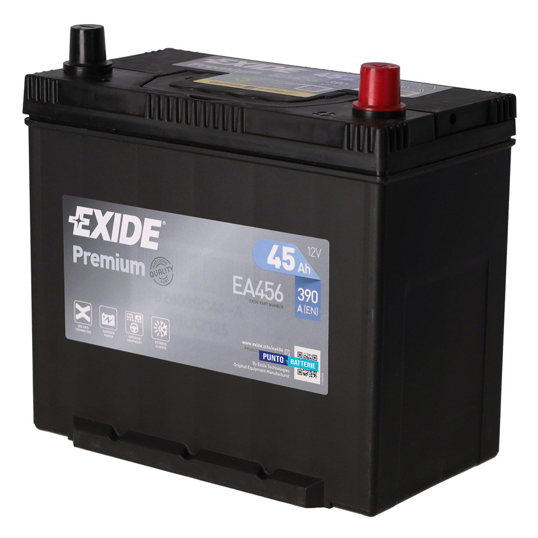 Batteria originale Exide Premium EA456, dimensioni 237 x 127 x 227, polo positivo a destra, 12 volt, 45 amperora, 390 ampere. Batteria per auto e veicoli leggeri.