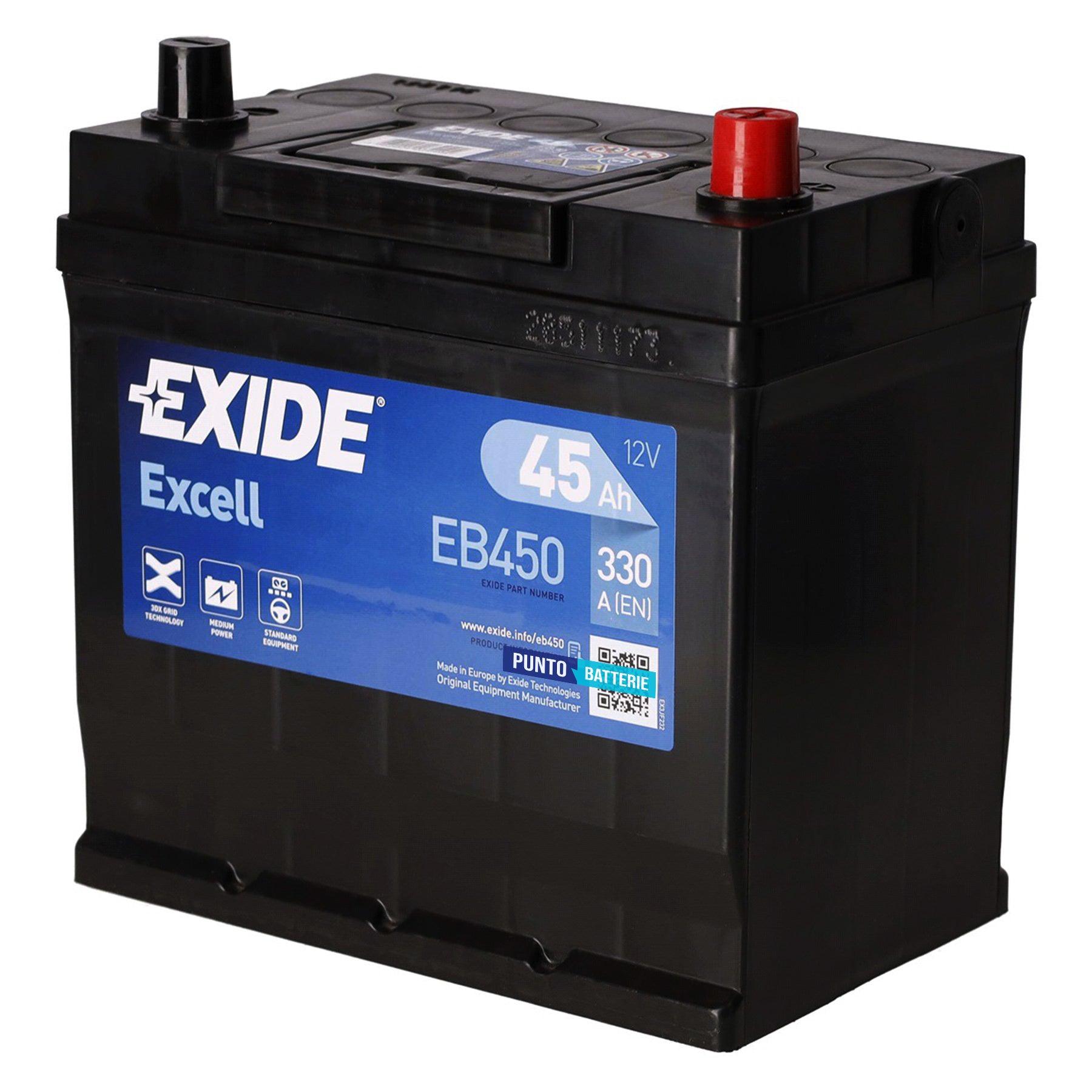 Batteria originale Exide Excell EB450, dimensioni 220 x 135 x 225, polo positivo a destra, 12 volt, 45 amperora, 330 ampere. Batteria per auto e veicoli leggeri.