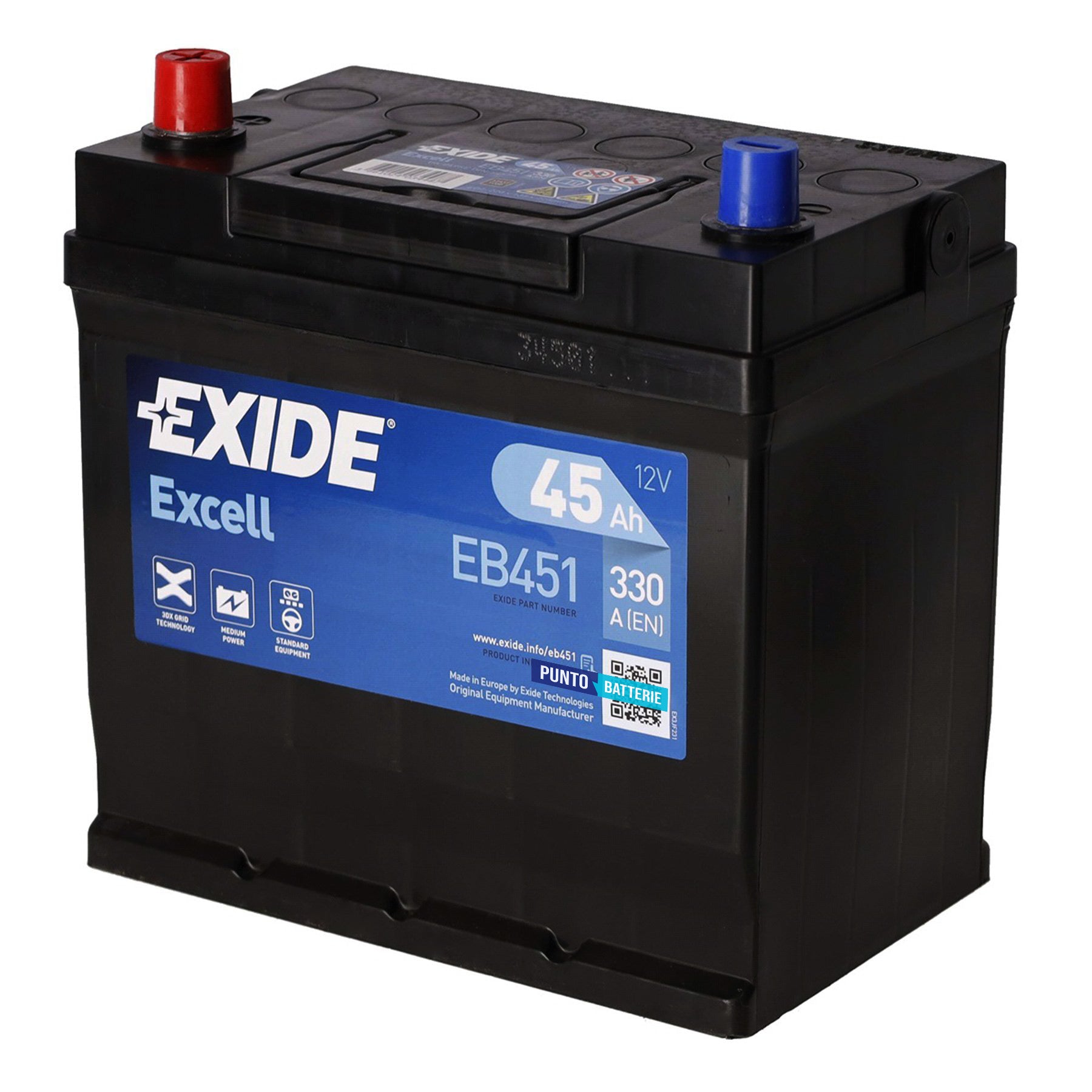 Batteria originale Exide Excell EB451, dimensioni 220 x 135 x 225, polo positivo a sinistra, 12 volt, 45 amperora, 330 ampere. Batteria per auto e veicoli leggeri.