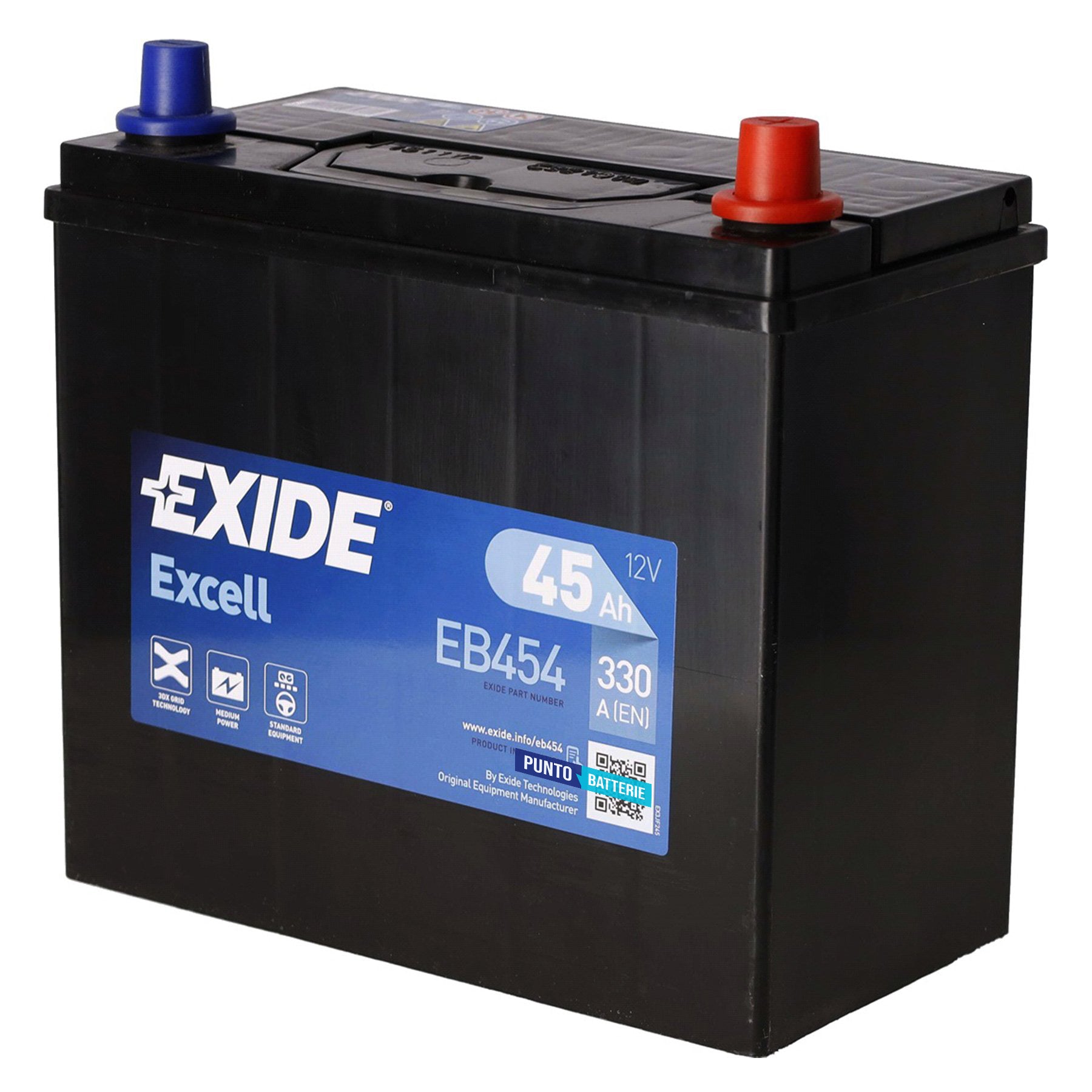 Batteria originale Exide Excell EB454, dimensioni 237 x 127 x 227, polo positivo a destra, 12 volt, 45 amperora, 330 ampere. Batteria per auto e veicoli leggeri.
