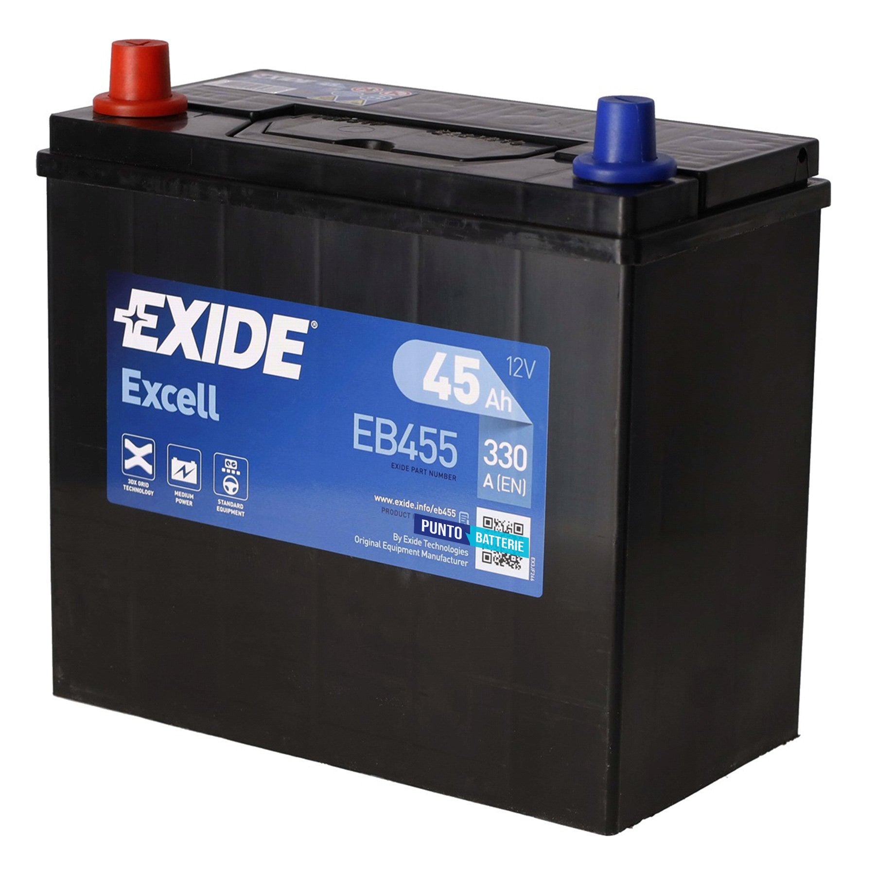 Batteria originale Exide Excell EB455, dimensioni 237 x 127 x 227, polo positivo a sinistra, 12 volt, 45 amperora, 330 ampere. Batteria per auto e veicoli leggeri.