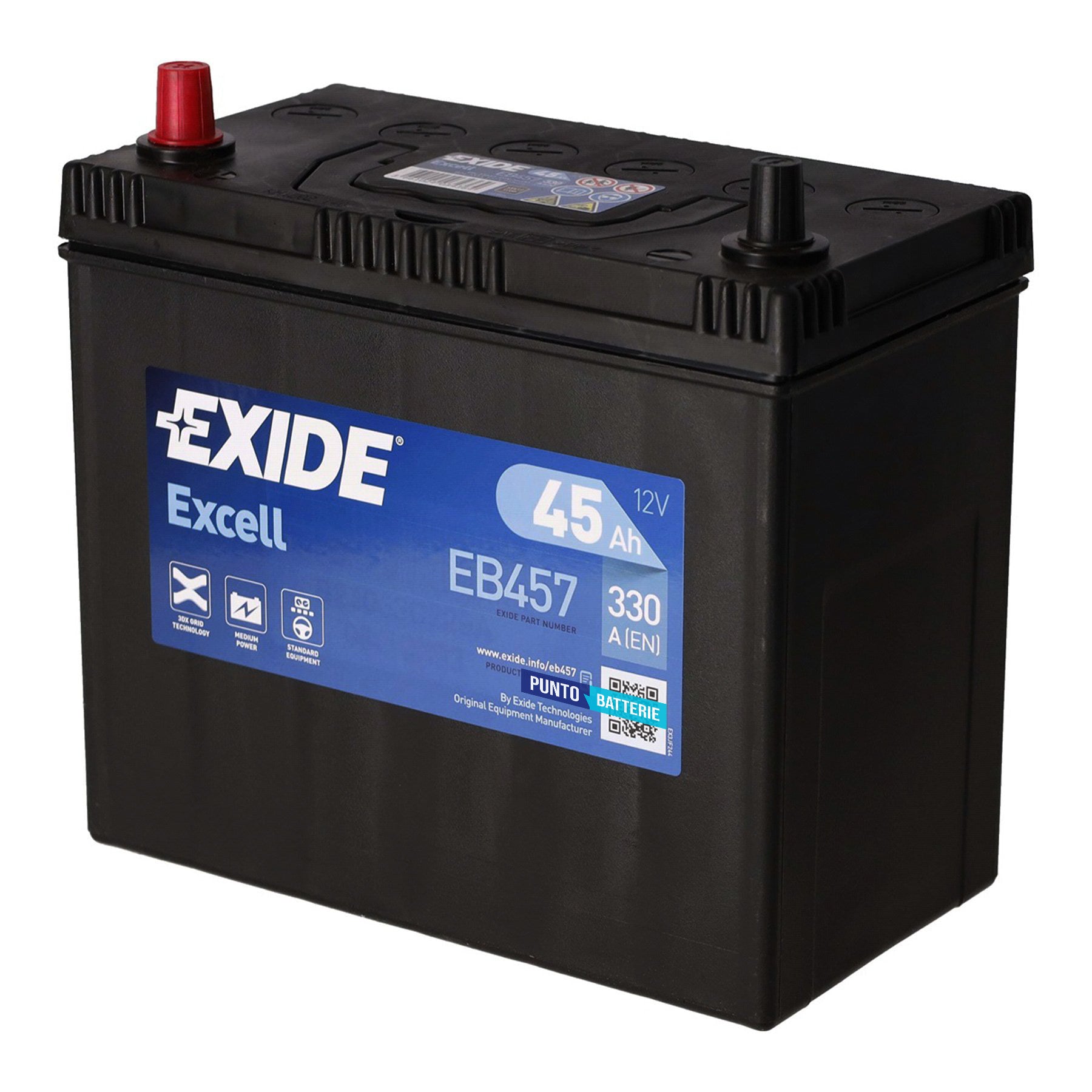 Batteria originale Exide Excell EB457, dimensioni 237 x 127 x 227, polo positivo a sinistra, 12 volt, 45 amperora, 330 ampere. Batteria per auto e veicoli leggeri.