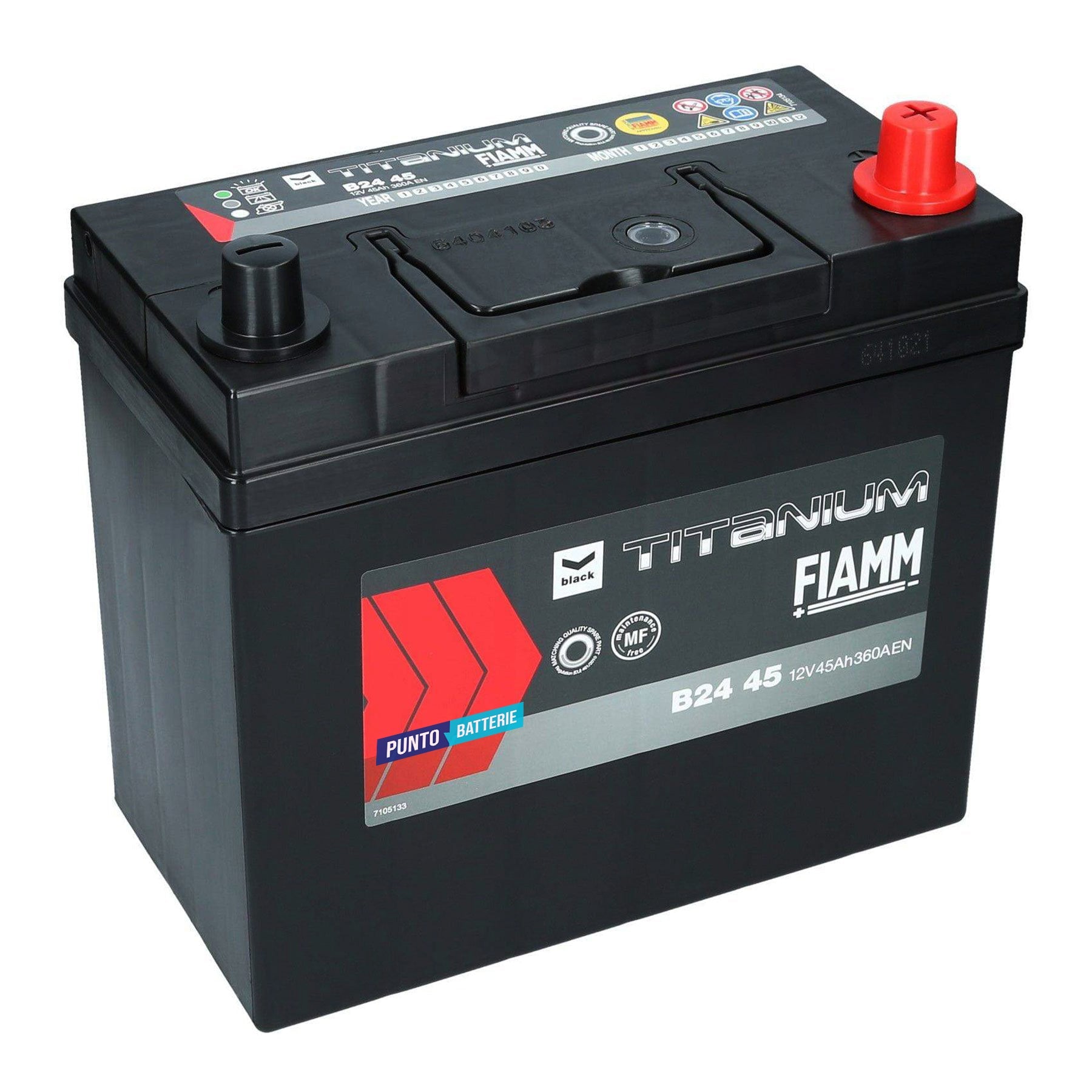 Batteria originale Fiamm Black Titanium B24 45, dimensioni 237 x 128 x 225, polo positivo a destra, 12 volt, 45 amperora, 360 ampere. Batteria per auto e veicoli leggeri.