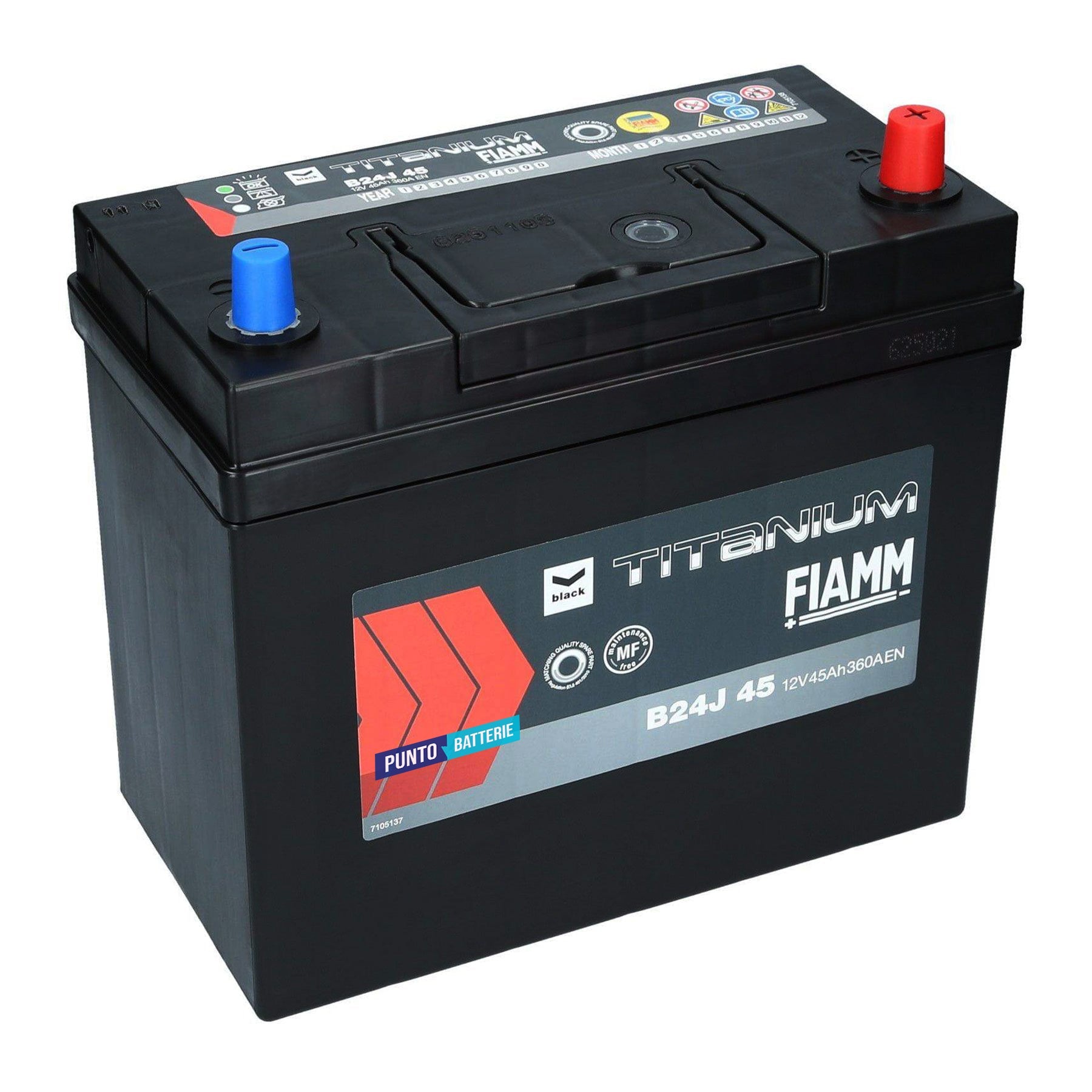 Batteria originale Fiamm Black Titanium B24J 45, dimensioni 237 x 128 x 225, polo positivo a destra, 12 volt, 45 amperora, 360 ampere. Batteria per auto e veicoli leggeri.