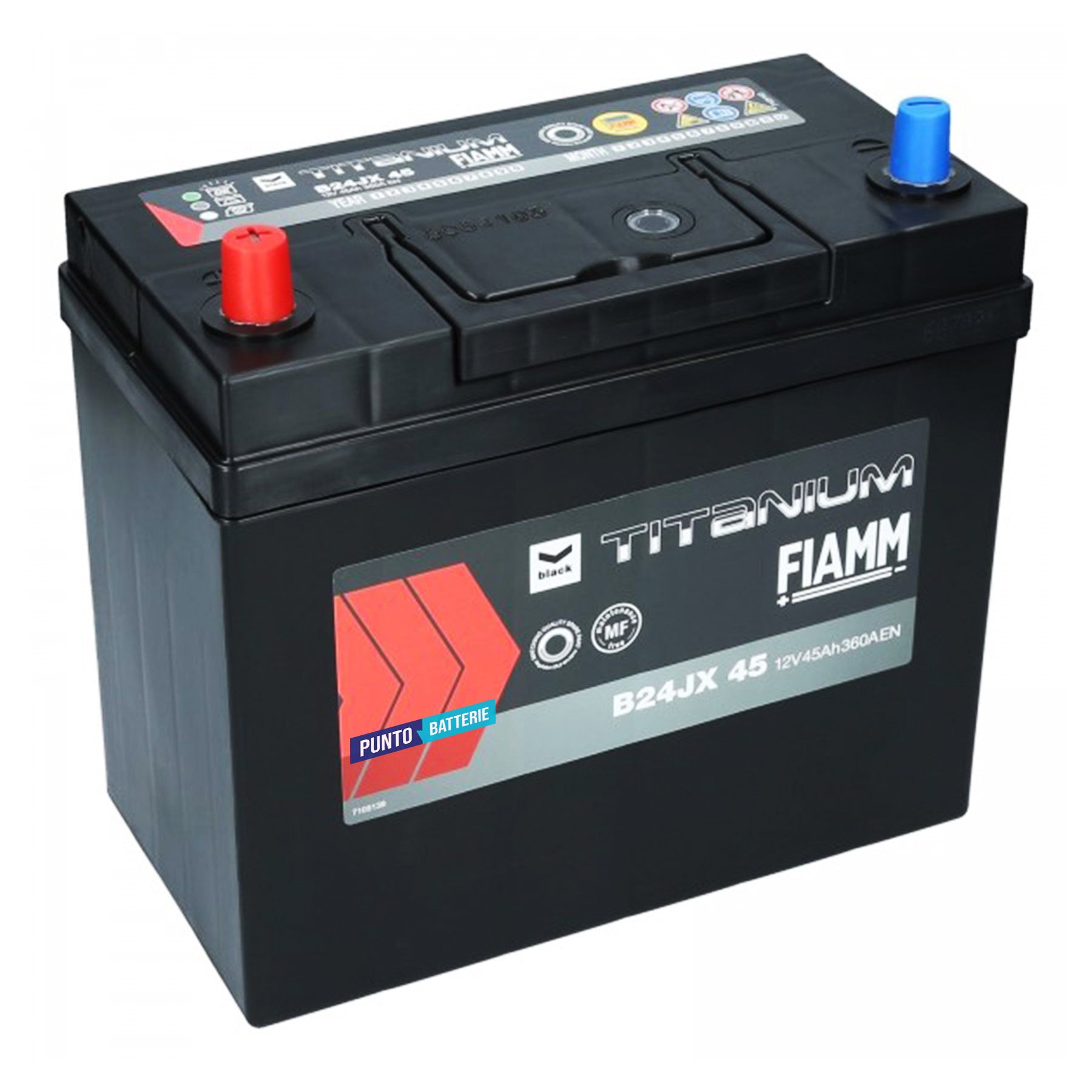 Batteria originale Fiamm Black Titanium B24JX 45, dimensioni 237 x 128 x 225, polo positivo a sinistra, 12 volt, 45 amperora, 360 ampere. Batteria per auto e veicoli leggeri.