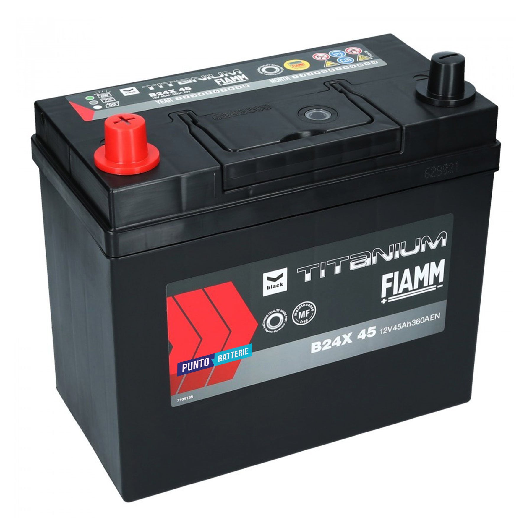 Batteria originale Fiamm Black Titanium B24X 45, dimensioni 237 x 128 x 225, polo positivo a sinistra, 12 volt, 45 amperora, 360 ampere. Batteria per auto e veicoli leggeri.