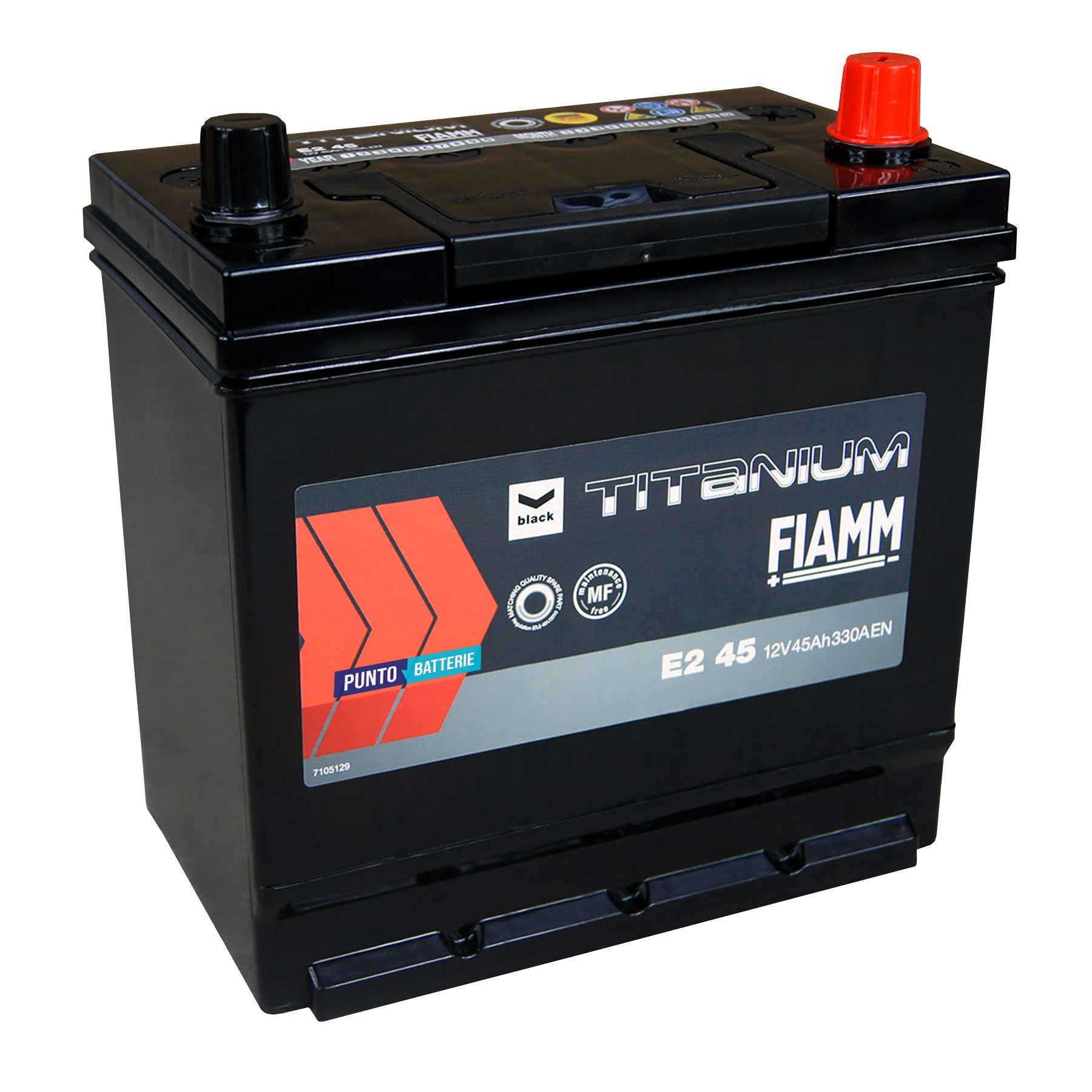 Batteria originale Fiamm Black Titanium E2 45, dimensioni 218 x 133 x 223, polo positivo a destra, 12 volt, 45 amperora, 330 ampere. Batteria per auto e veicoli leggeri.