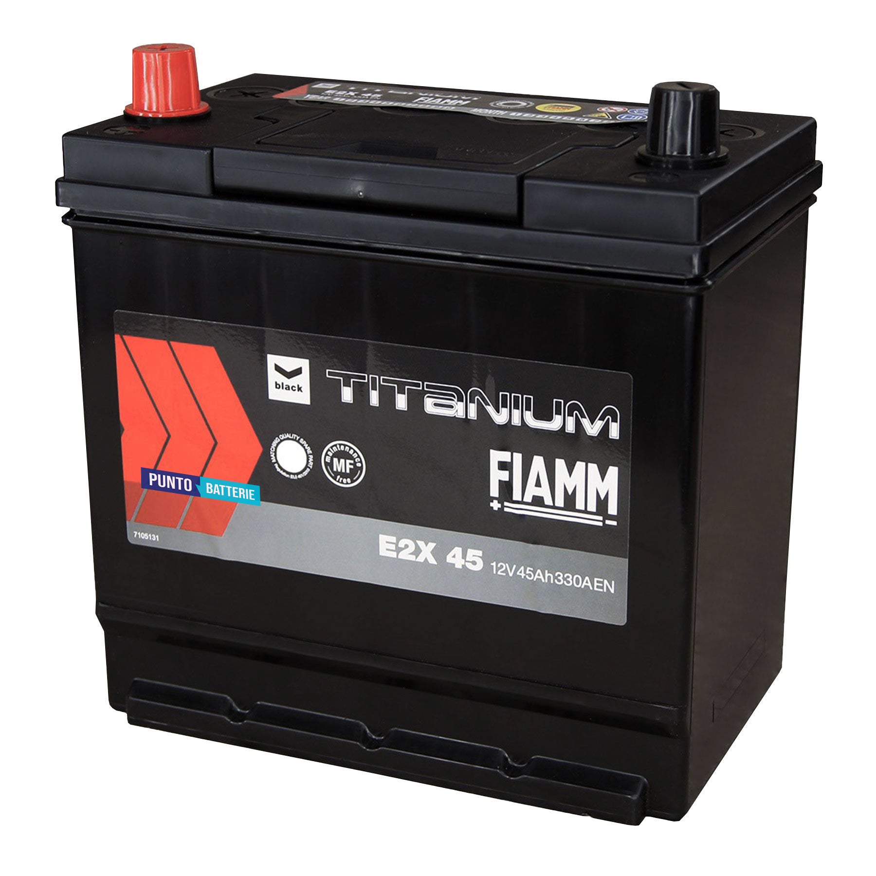 Batteria originale Fiamm Black Titanium E2X 45, dimensioni 218 x 133 x 223, polo positivo a sinistra, 12 volt, 45 amperora, 330 ampere. Batteria per auto e veicoli leggeri.