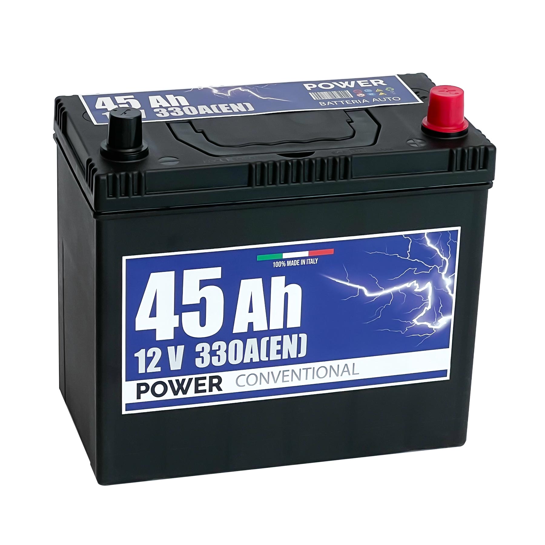 Batteria originale Power Conventional PB450, dimensioni 220 x 135 x 225, polo positivo a destra, 12 volt, 45 amperora, 330 ampere. Batteria per auto e veicoli leggeri.