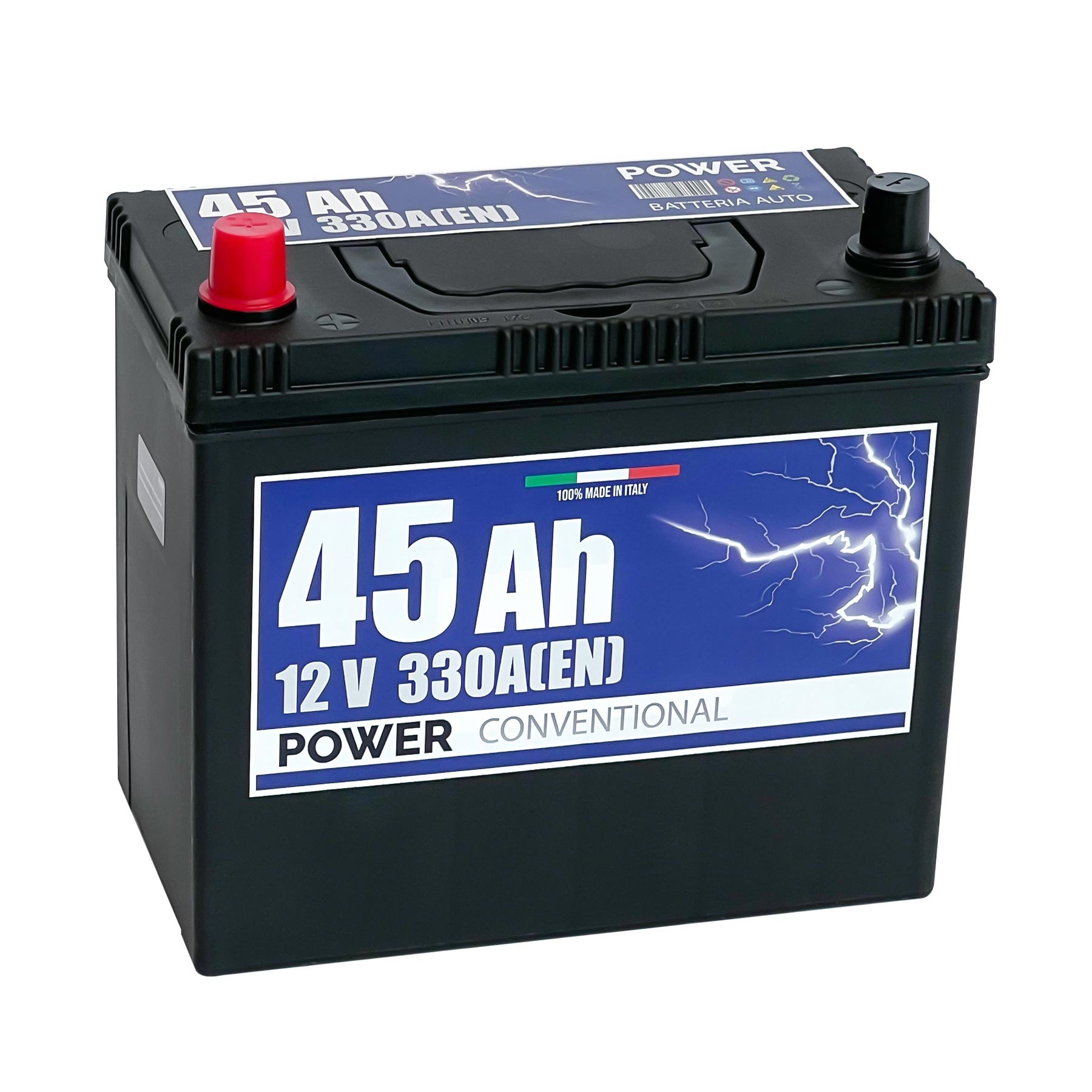 Batteria originale Power Conventional PB451, dimensioni 220 x 135 x 225, polo positivo a sinistra, 12 volt, 45 amperora, 330 ampere. Batteria per auto e veicoli leggeri.