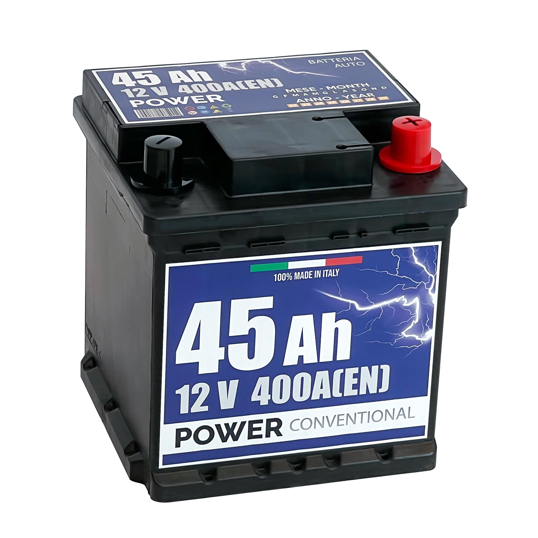 Batteria originale Power Conventional PB452, dimensioni 175 x 175 x 190, polo positivo a destra, 12 volt, 45 amperora, 400 ampere. Batteria per auto e veicoli leggeri.