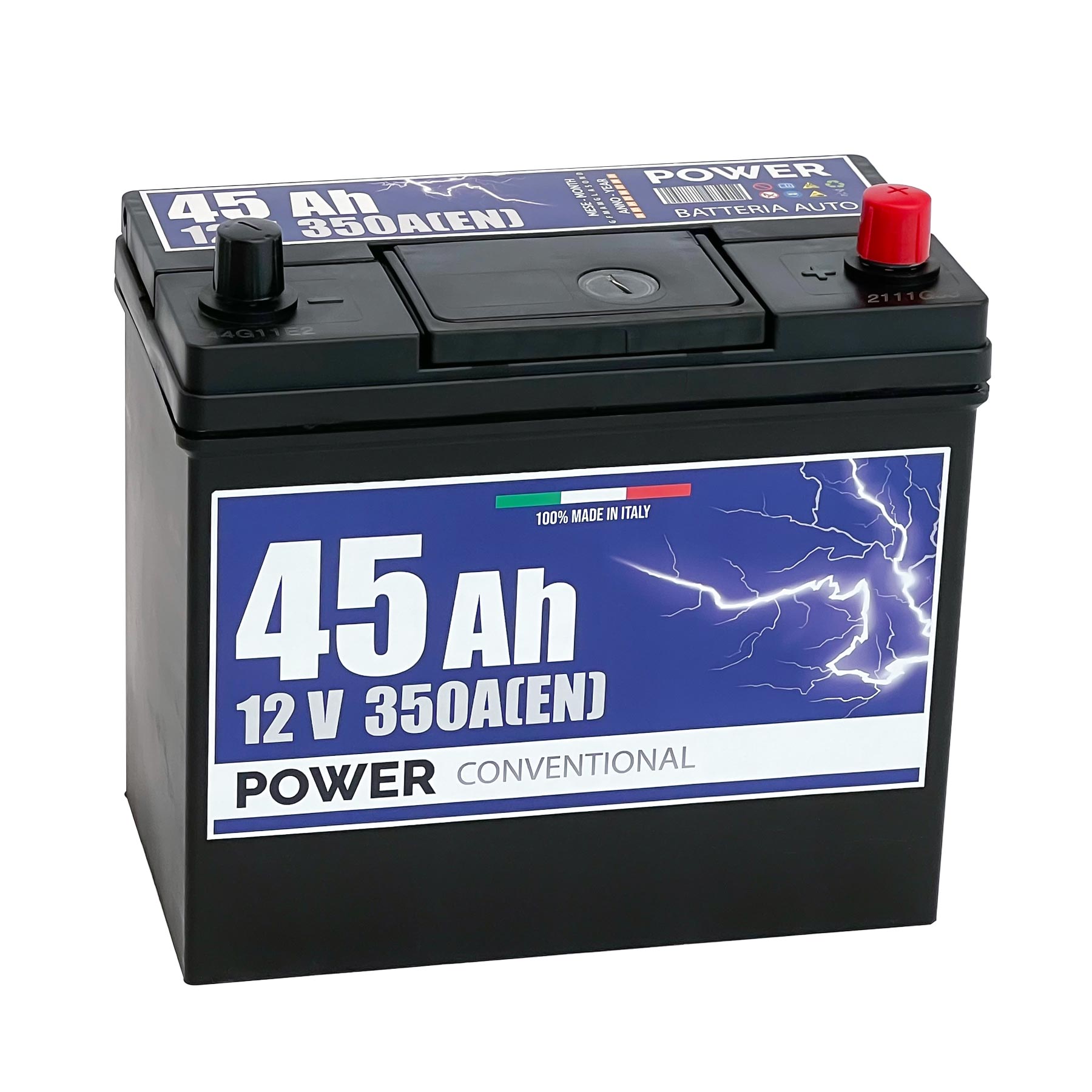 Batteria originale Power Conventional PB454, dimensioni 237 x 128 x 227, polo positivo a destra, 12 volt, 45 amperora, 350 ampere. Batteria per auto e veicoli leggeri.