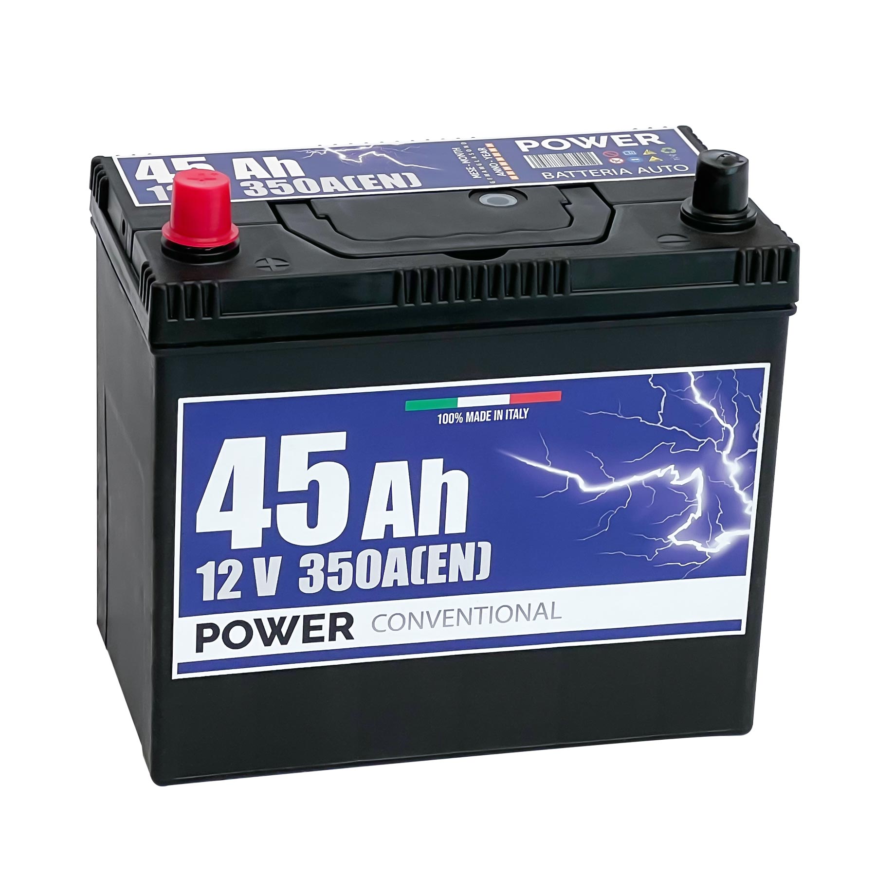 Batteria originale Power Conventional PB455, dimensioni 237 x 128 x 227, polo positivo a sinistra, 12 volt, 45 amperora, 350 ampere. Batteria per auto e veicoli leggeri.