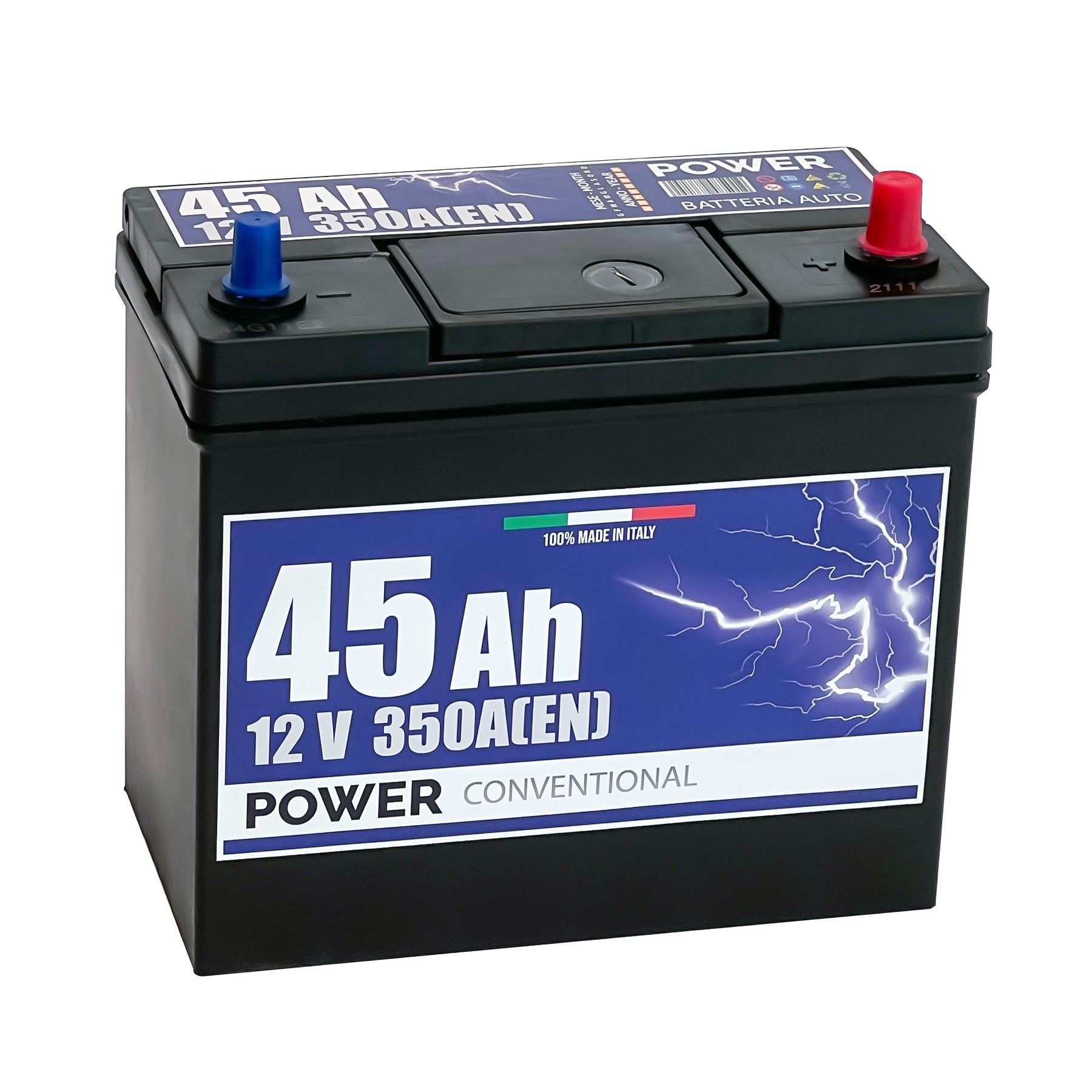 Batteria originale Power Conventional PB456, dimensioni 237 x 128 x 227, polo positivo a destra, 12 volt, 45 amperora, 350 ampere. Batteria per auto e veicoli leggeri.