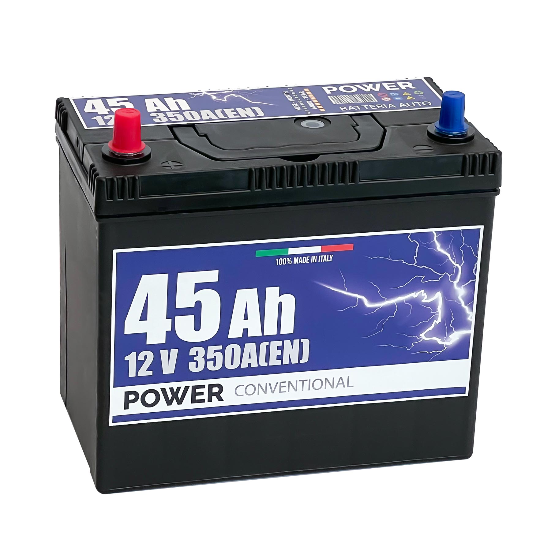 Batteria originale Power Conventional PB457, dimensioni 237 x 128 x 227, polo positivo a sinistra, 12 volt, 45 amperora, 350 ampere. Batteria per auto e veicoli leggeri.