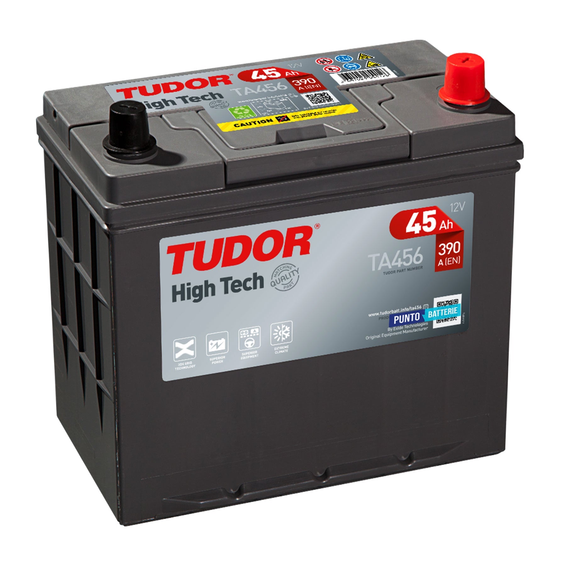 Batteria originale Tudor High Tech TA456, dimensioni 237 x 127 x 227, polo positivo a destra, 12 volt, 45 amperora, 390 ampere. Batteria per auto e veicoli leggeri.