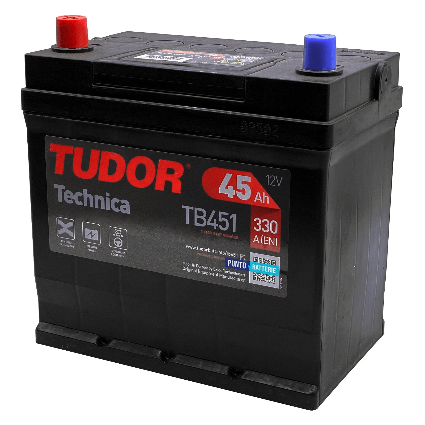 Batteria originale Tudor Technica TB451, dimensioni 220 x 135 x 225, polo positivo a sinistra, 12 volt, 45 amperora, 330 ampere. Batteria per auto e veicoli leggeri.
