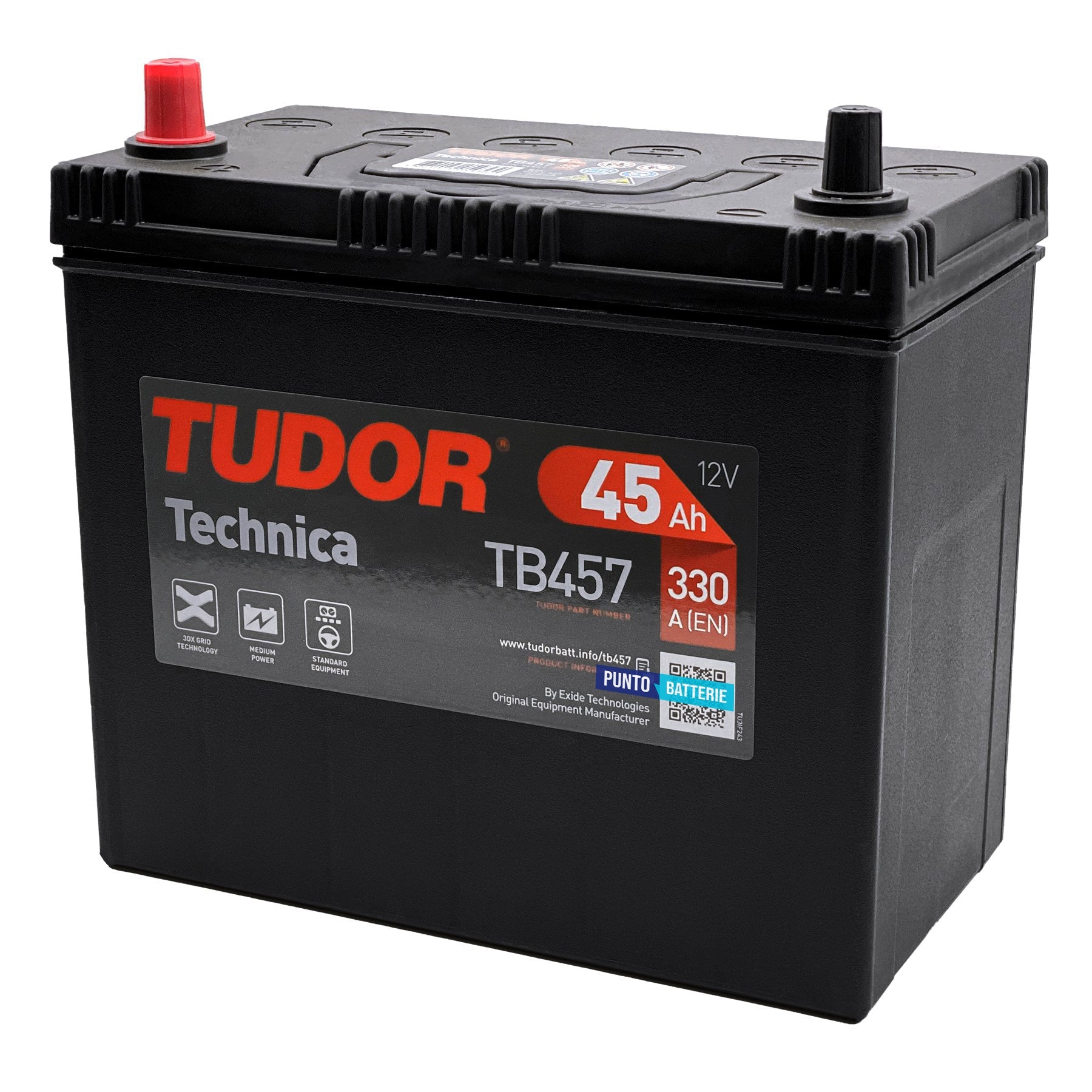 Batteria originale Tudor Technica TB457, dimensioni 237 x 127 x 227, polo positivo a sinistra, 12 volt, 45 amperora, 330 ampere. Batteria per auto e veicoli leggeri.