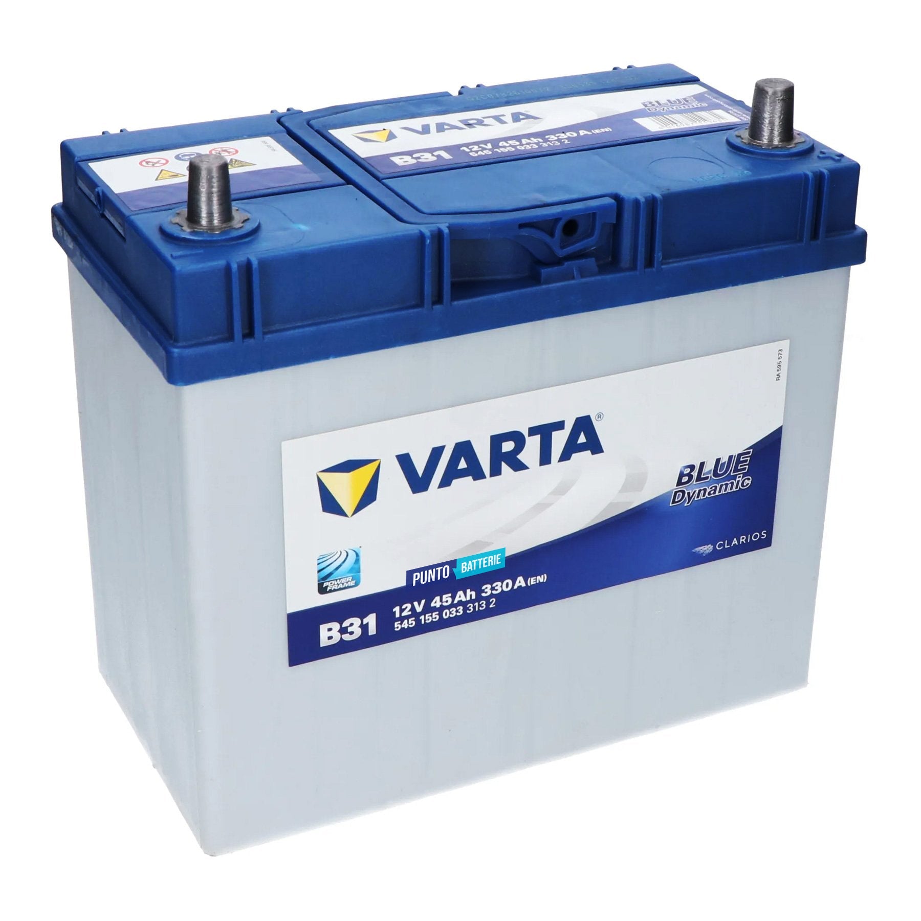 Batteria originale Varta Blue Dynamic B31, dimensioni 238 x 129 x 227, polo positivo a destra, 12 volt, 45 amperora, 330 ampere. Batteria per auto e veicoli leggeri.