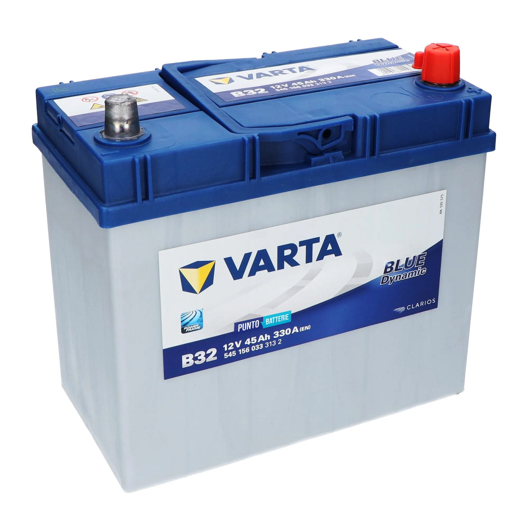 Batteria originale Varta Blue Dynamic B32, dimensioni 238 x 129 x 227, polo positivo a destra, 12 volt, 45 amperora, 330 ampere. Batteria per auto e veicoli leggeri.