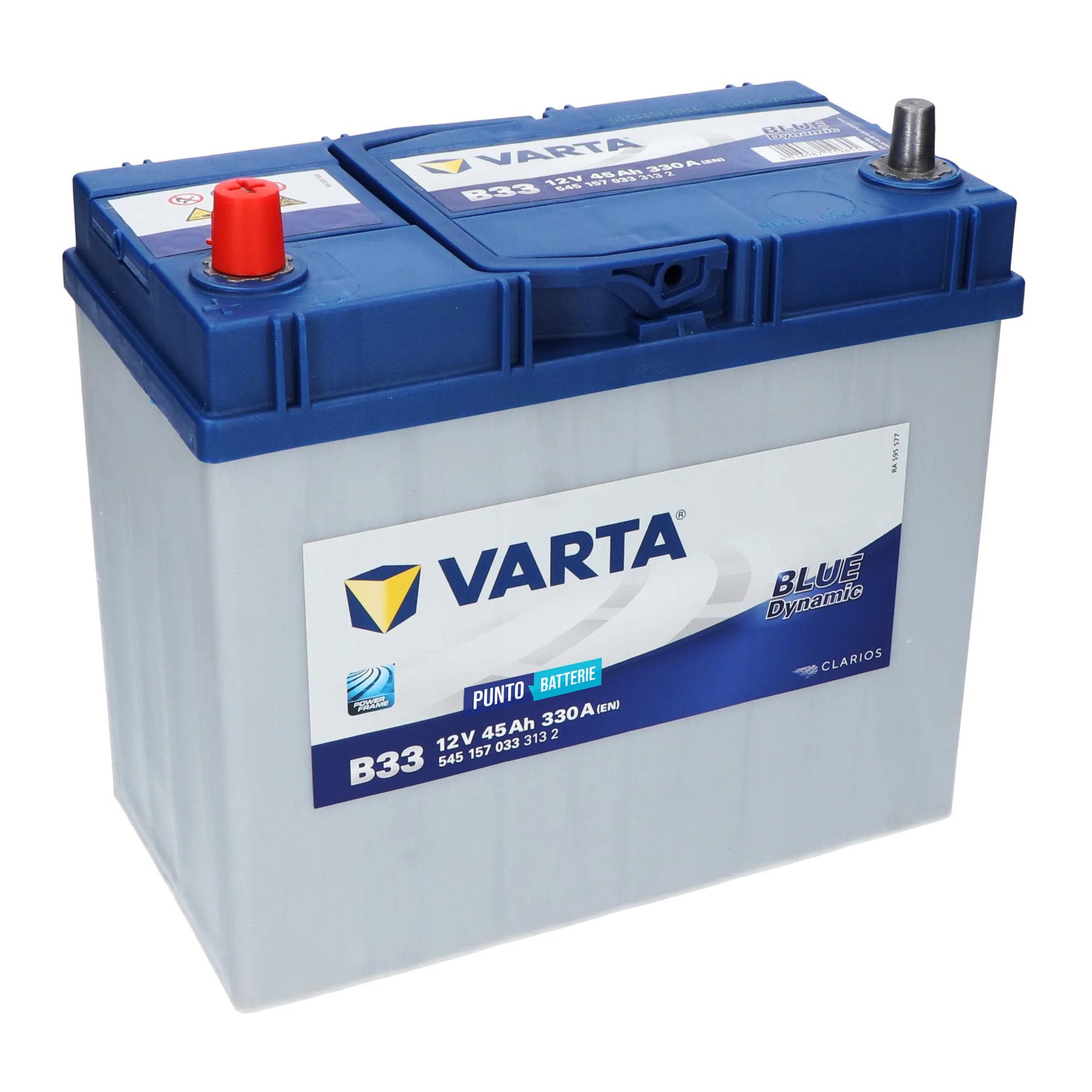 Batteria originale Varta Blue Dynamic B33, dimensioni 238 x 129 x 227, polo positivo a sinistra, 12 volt, 45 amperora, 330 ampere. Batteria per auto e veicoli leggeri.