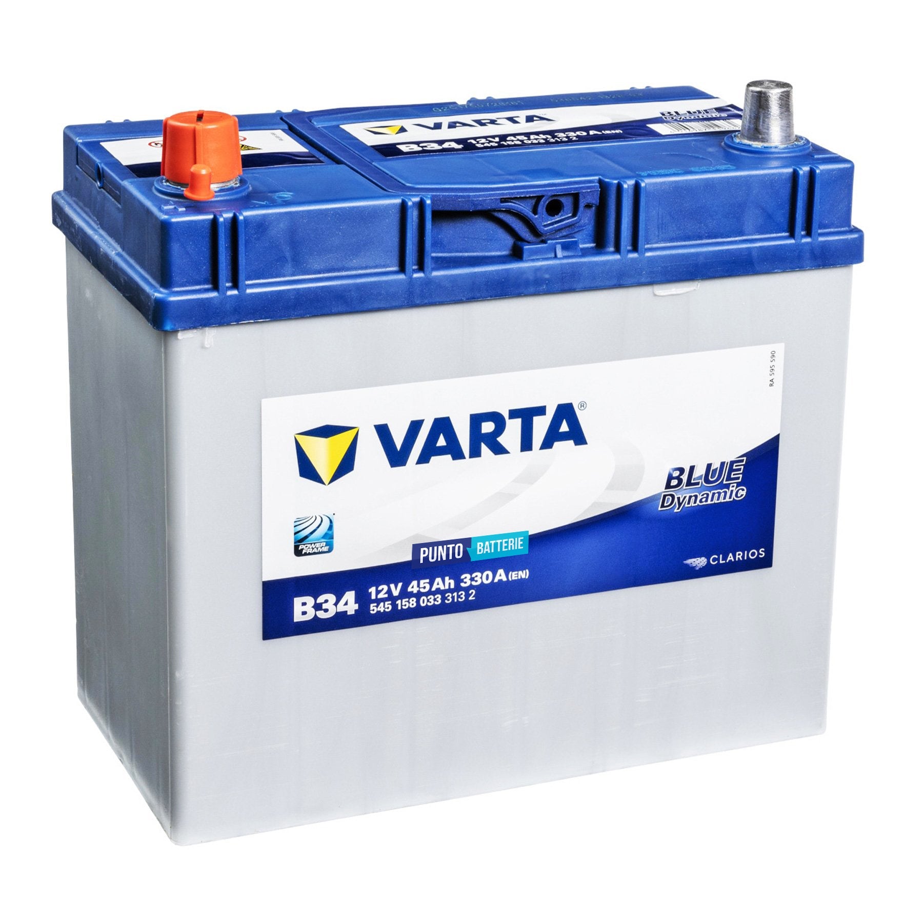 Batteria originale Varta Blue Dynamic B34, dimensioni 238 x 129 x 227, polo positivo a sinistra, 12 volt, 45 amperora, 330 ampere. Batteria per auto e veicoli leggeri.