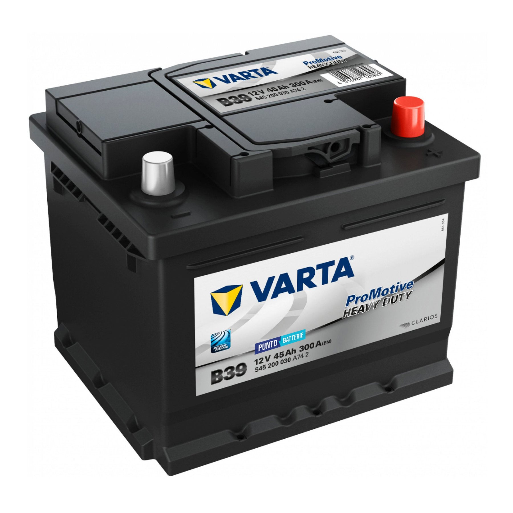 Batteria originale Varta Promotive Heavy Duty B39, dimensioni 210 x 175 x 175, polo positivo a destra, 12 volt, 45 amperora, 300 ampere. Batteria per camion e veicoli pesanti.
