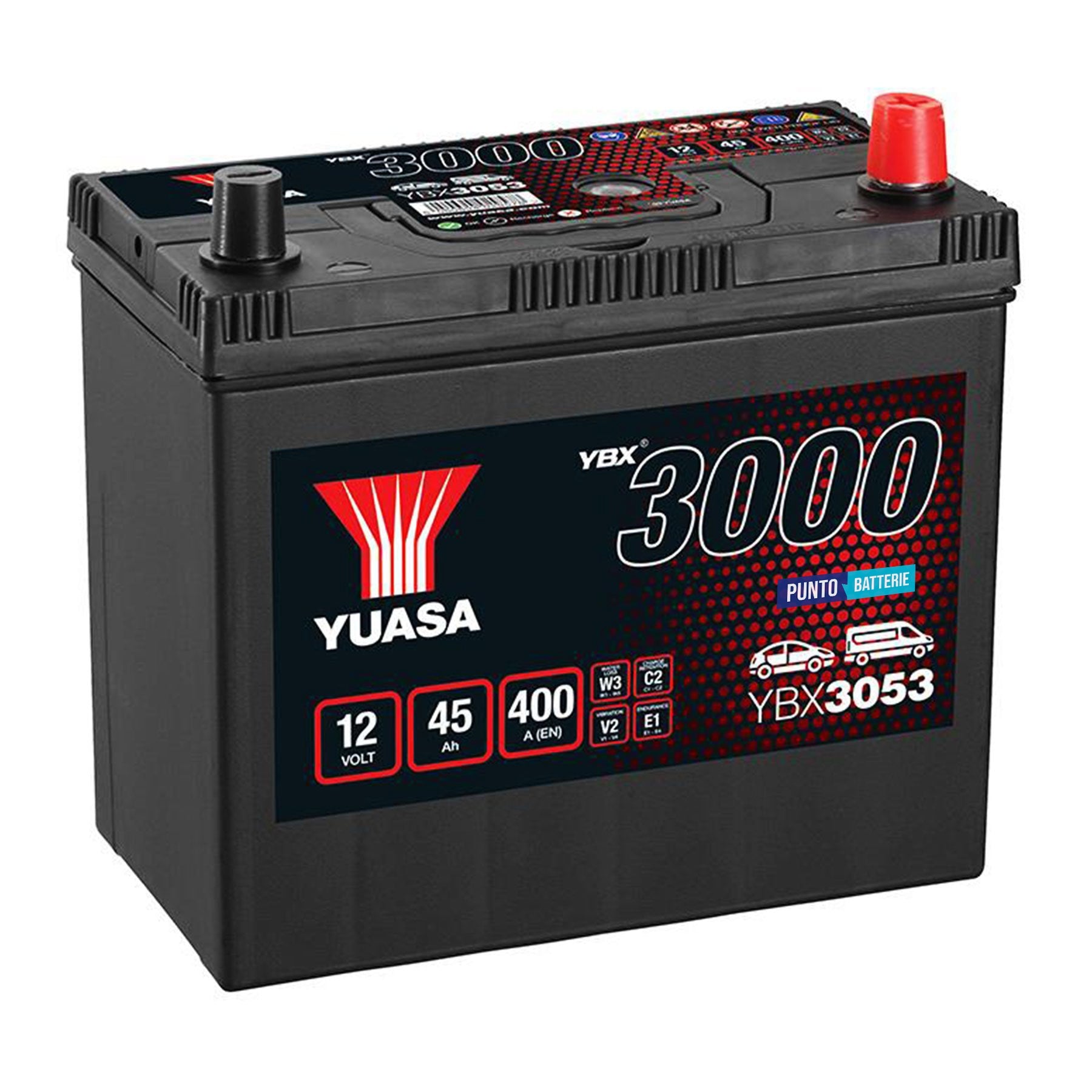 Batteria originale Yuasa YBX3000 YBX3053, dimensioni 238 x 129 x 225, polo positivo a destra, 12 volt, 45 amperora, 400 ampere. Batteria per auto e veicoli leggeri.