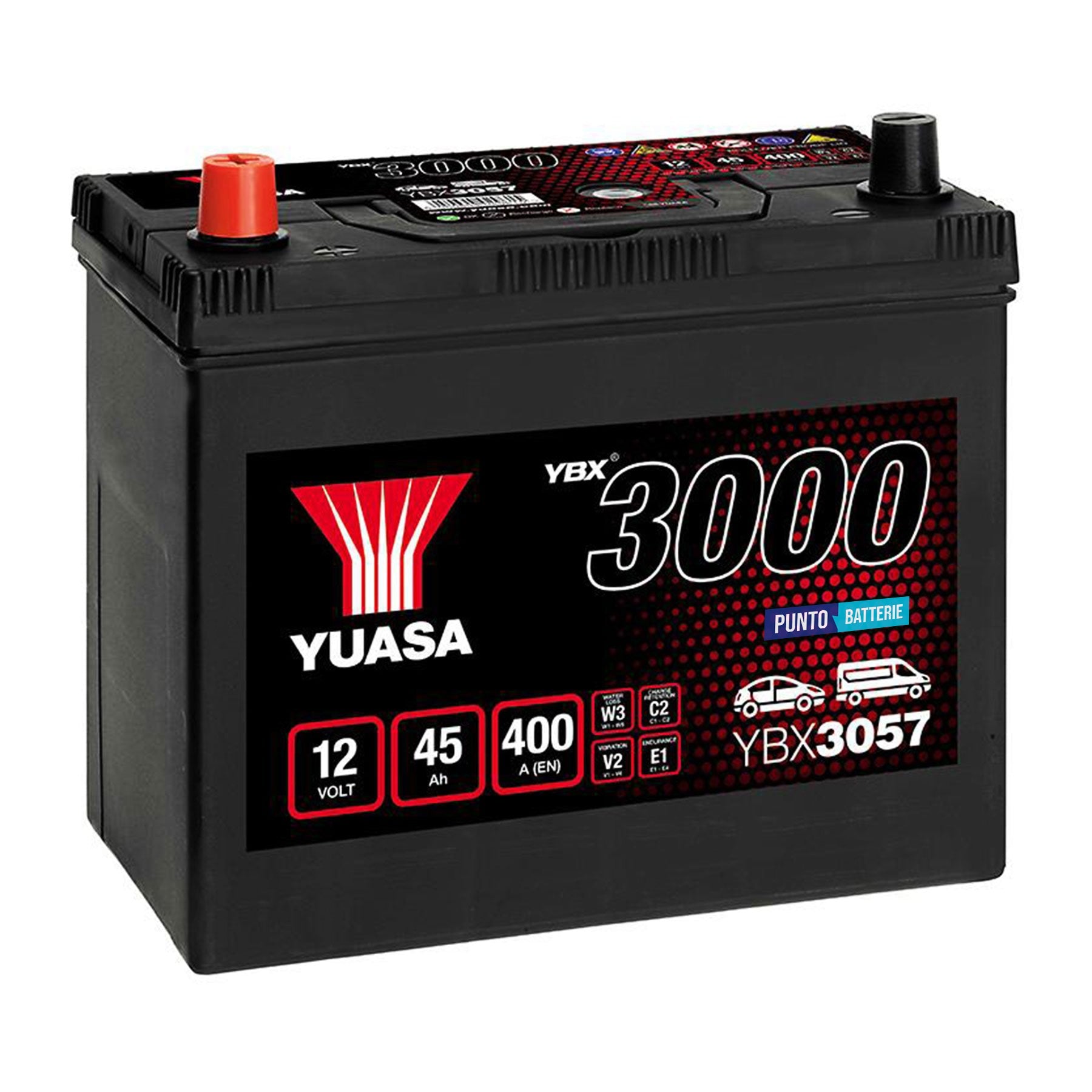 Batteria originale Yuasa YBX3000 YBX3057, dimensioni 238 x 129 x 225, polo positivo a sinistra, 12 volt, 45 amperora, 400 ampere. Batteria per auto e veicoli leggeri.