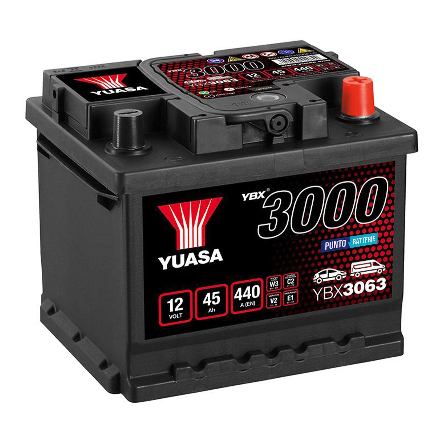 Batteria originale Yuasa YBX3000 YBX3063, dimensioni 207 x 175 x 175, polo positivo a destra, 12 volt, 45 amperora, 440 ampere. Batteria per auto e veicoli leggeri.