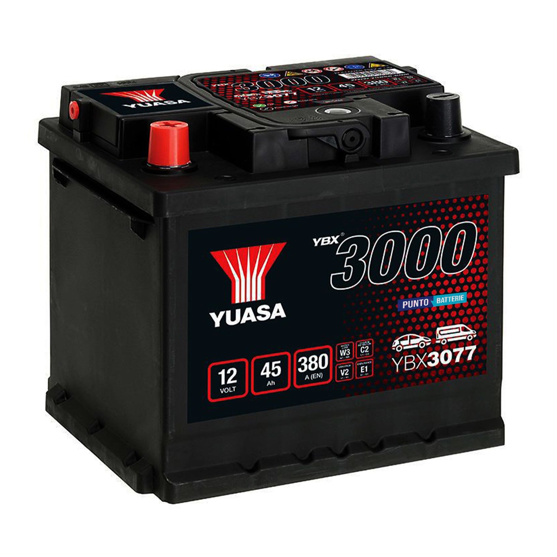 Batteria originale Yuasa YBX3000 YBX3077, dimensioni 207 x 175 x 190, polo positivo a sinistra, 12 volt, 45 amperora, 380 ampere. Batteria per auto e veicoli leggeri.