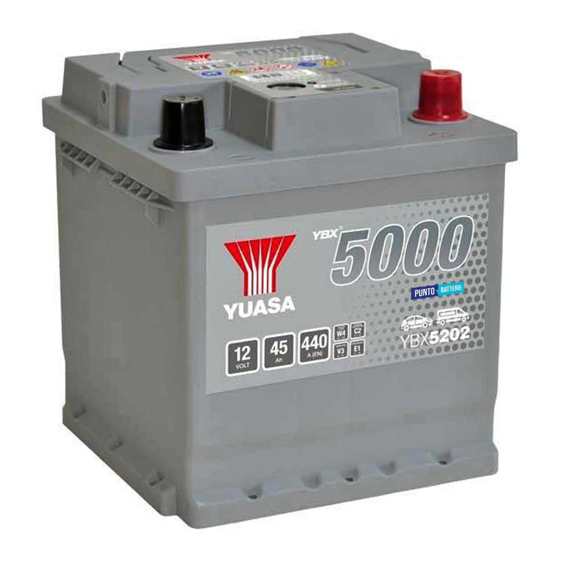 Batteria originale Yuasa YBX5000 YBX5202, dimensioni 175 x 175 x 190, polo positivo a destra, 12 volt, 45 amperora, 440 ampere. Batteria per auto e veicoli leggeri.
