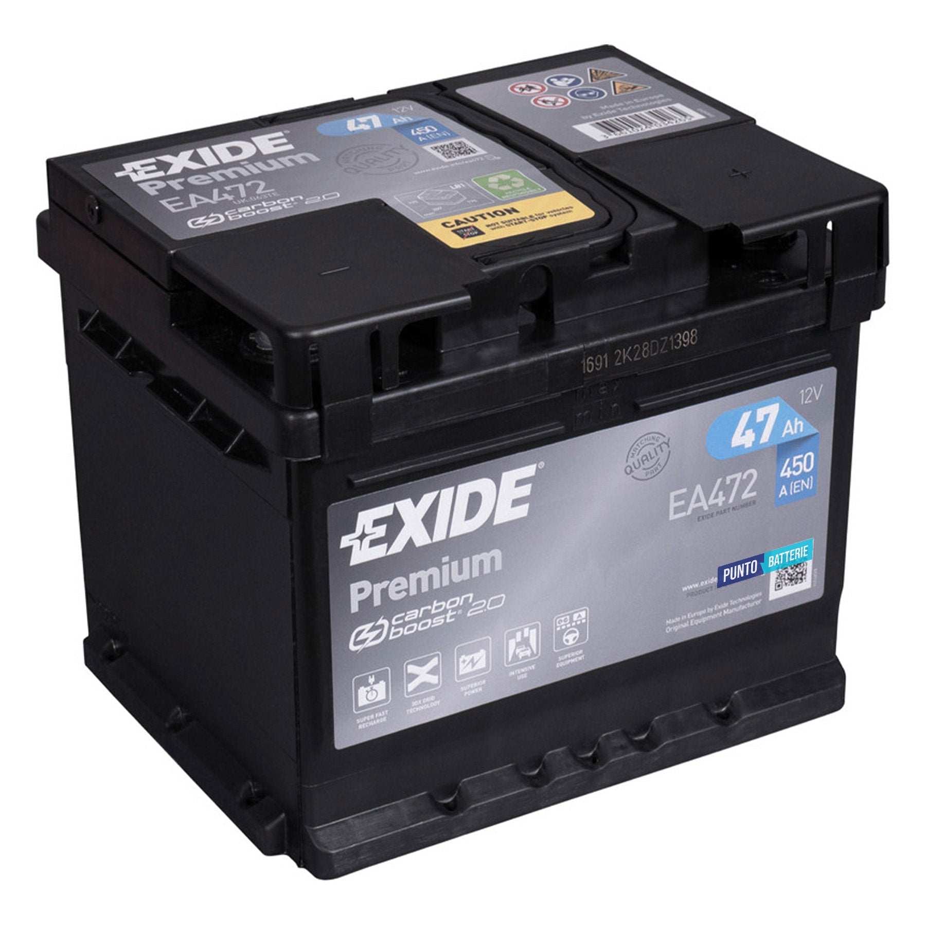 Batteria originale Exide Premium EA472, dimensioni 207 x 175 x 175, polo positivo a destra, 12 volt, 47 amperora, 450 ampere. Batteria per auto e veicoli leggeri.