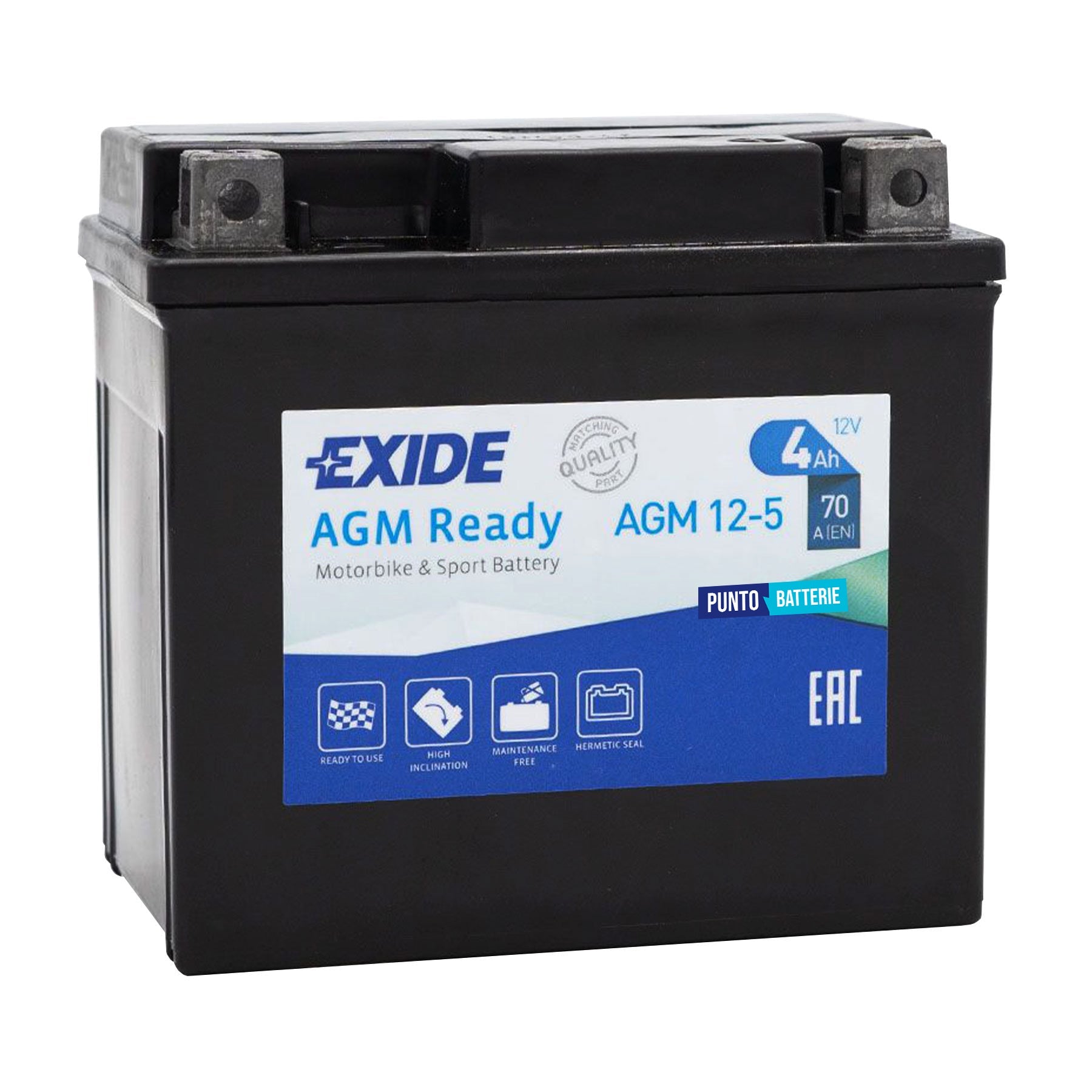 Batteria originale Exide AGM Ready AGM12-5, dimensioni 113 x 70 x 105, polo positivo a destra, 12 volt, 4 amperora, 70 ampere. Batteria per moto, scooter e powersport.