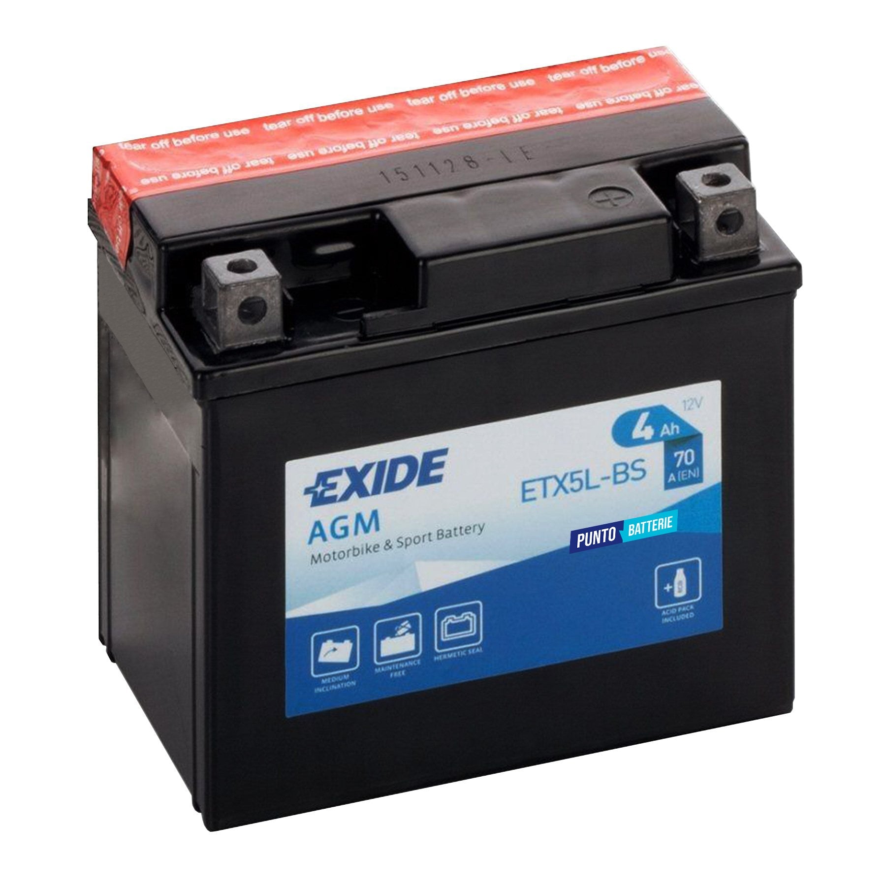Batteria originale Exide AGM ETX5L-BS, dimensioni 115 x 70 x 105, polo positivo a destra, 12 volt, 4 amperora, 70 ampere. Batteria per moto, scooter e powersport.