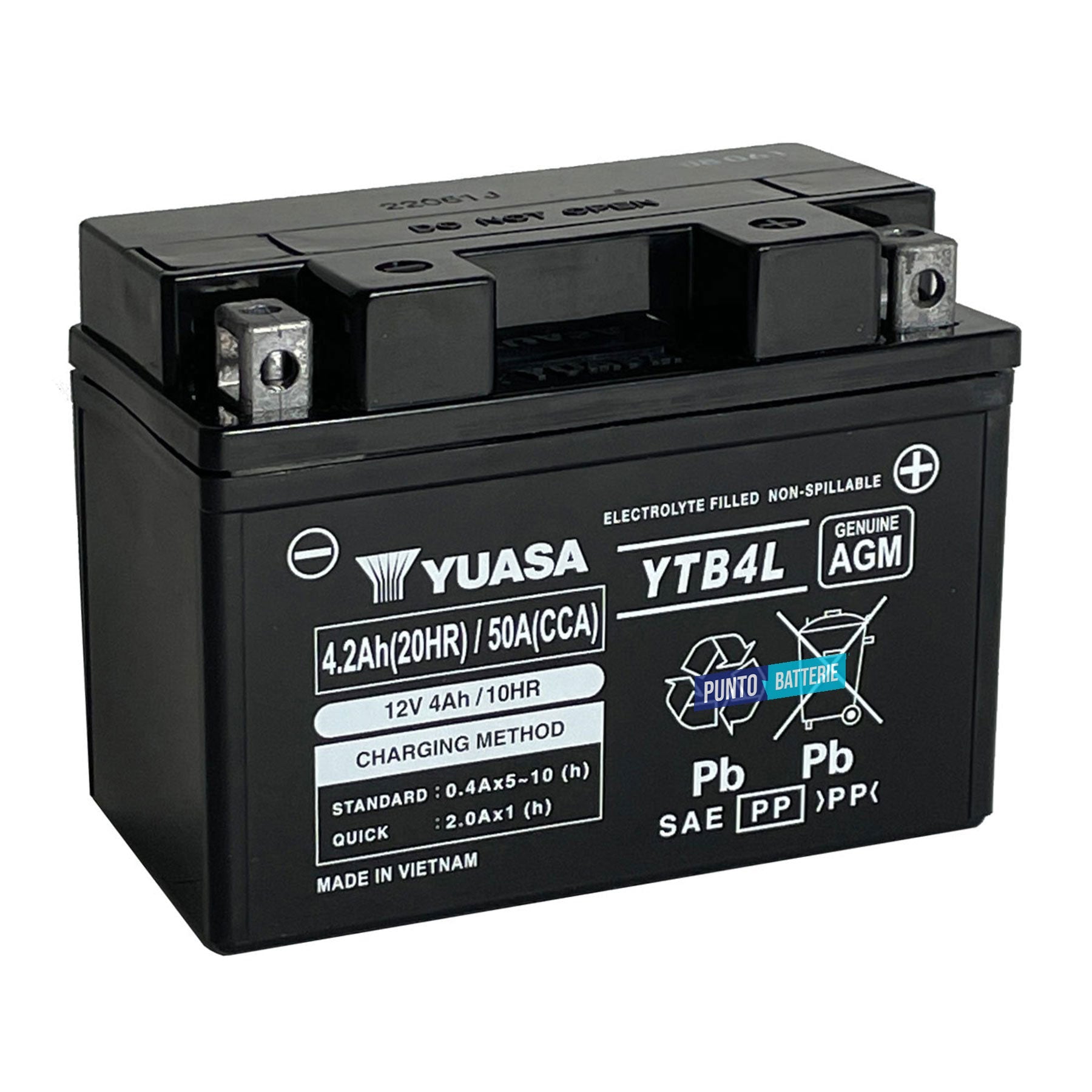 Batteria originale Yuasa YTB YTB4L, dimensioni 121 x 71 x 93, polo positivo a destra, 12 volt, 4 amperora, 50 ampere. Batteria per moto, scooter e powersport.