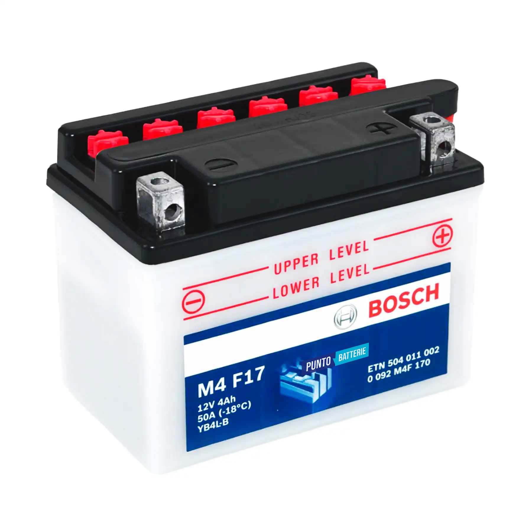 Batteria originale Bosch M4 M4F17, dimensioni 120 x 70 x 92, polo positivo a destra, 12 volt, 4 amperora, 50 ampere. Batteria per moto, scooter e powersport.