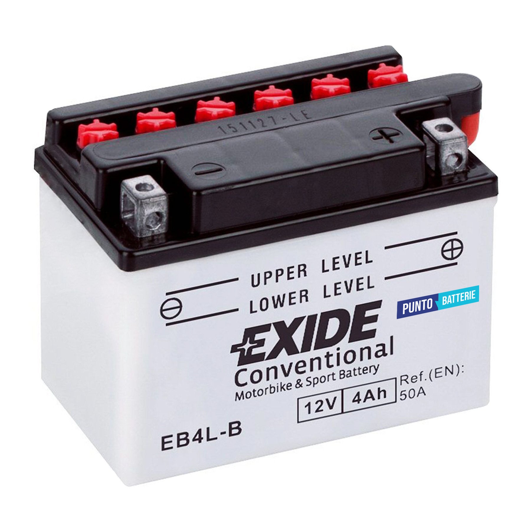 Batteria originale Exide Conventional EB4L-B, dimensioni 120 x 70 x 95, polo positivo a destra, 12 volt, 4 amperora, 50 ampere. Batteria per moto, scooter e powersport.